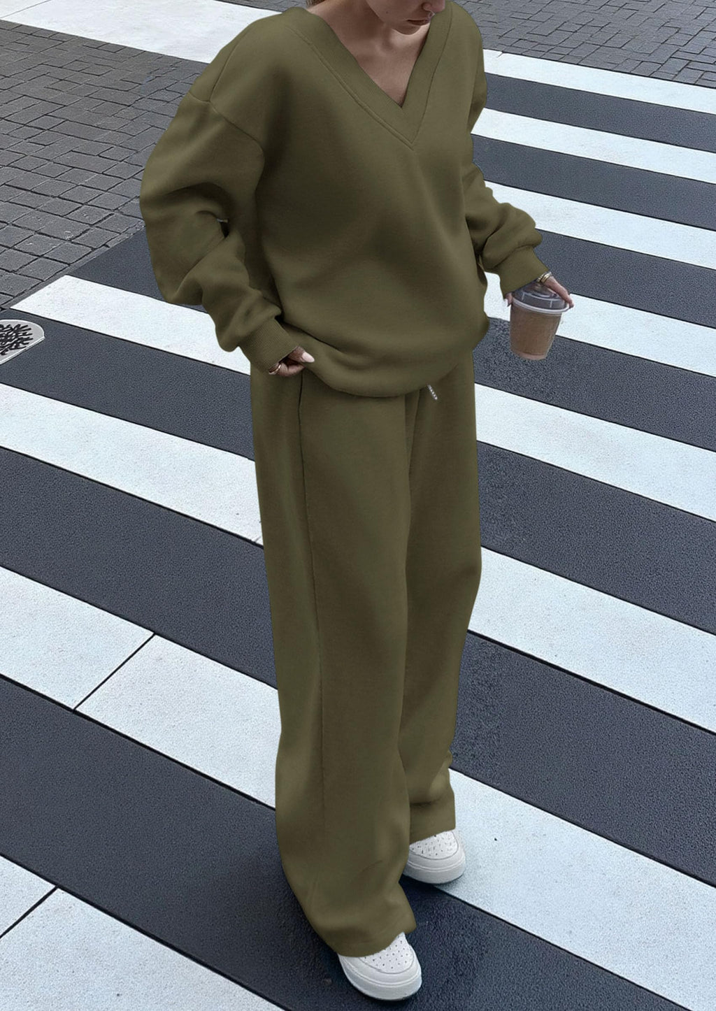 Casual Winter Two Piece Sets for Women V Neck Sweatshirt Loose Wide Leg Pants Tracksuit Knit Fall Outfits