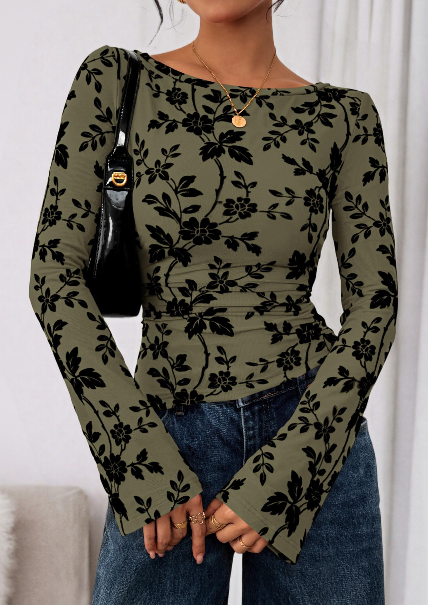 Women Long Sleeve Floral Mesh Tops Blouse  Fall Trendy Boat Neck Ruched Fitted Shirt Going Out Date Outfits