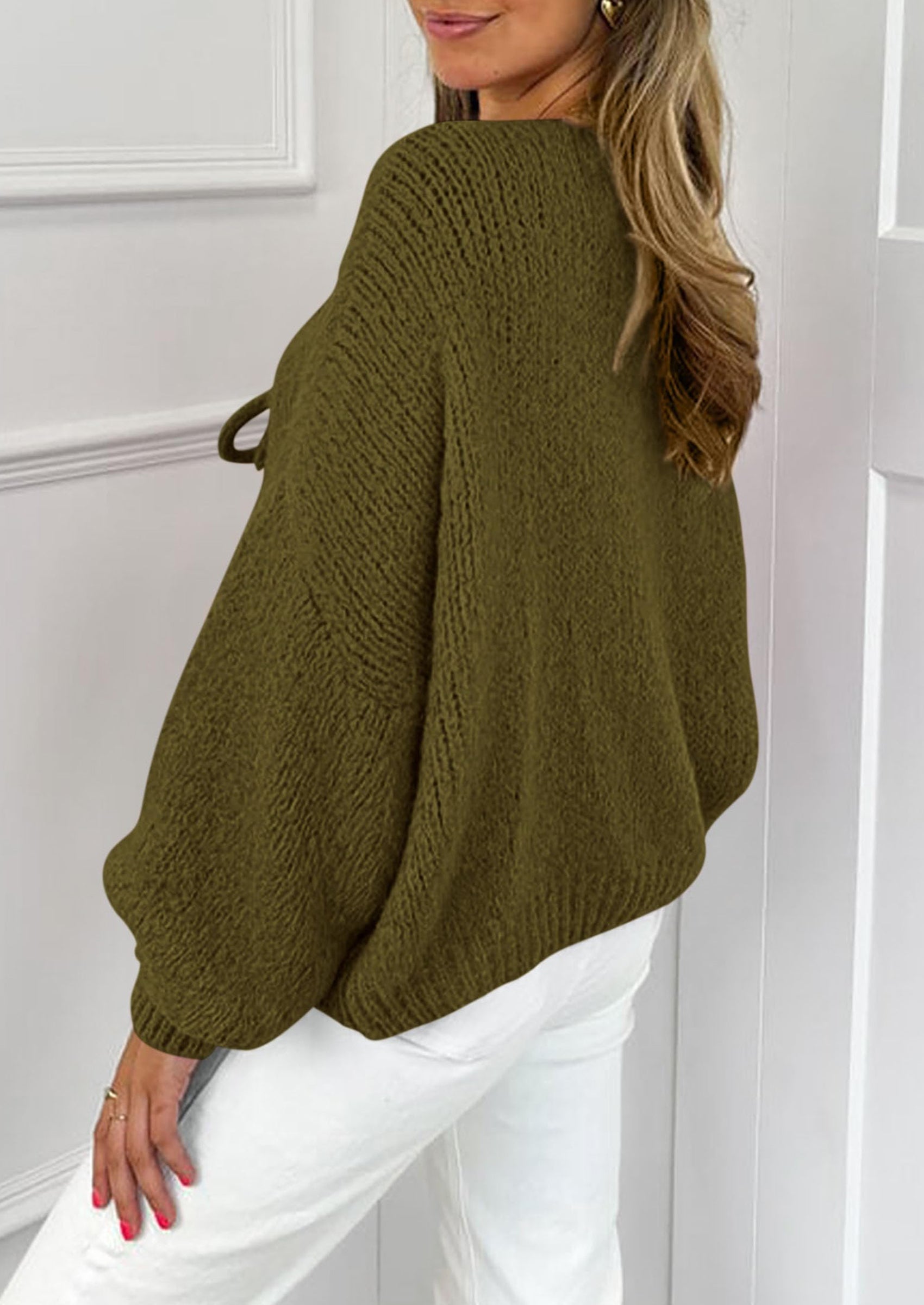 Women's Tie Front Bow Cardigan Sweaters Chunky Knit Long Puff Sleeve Trendy Fall Winter Jacket Coats