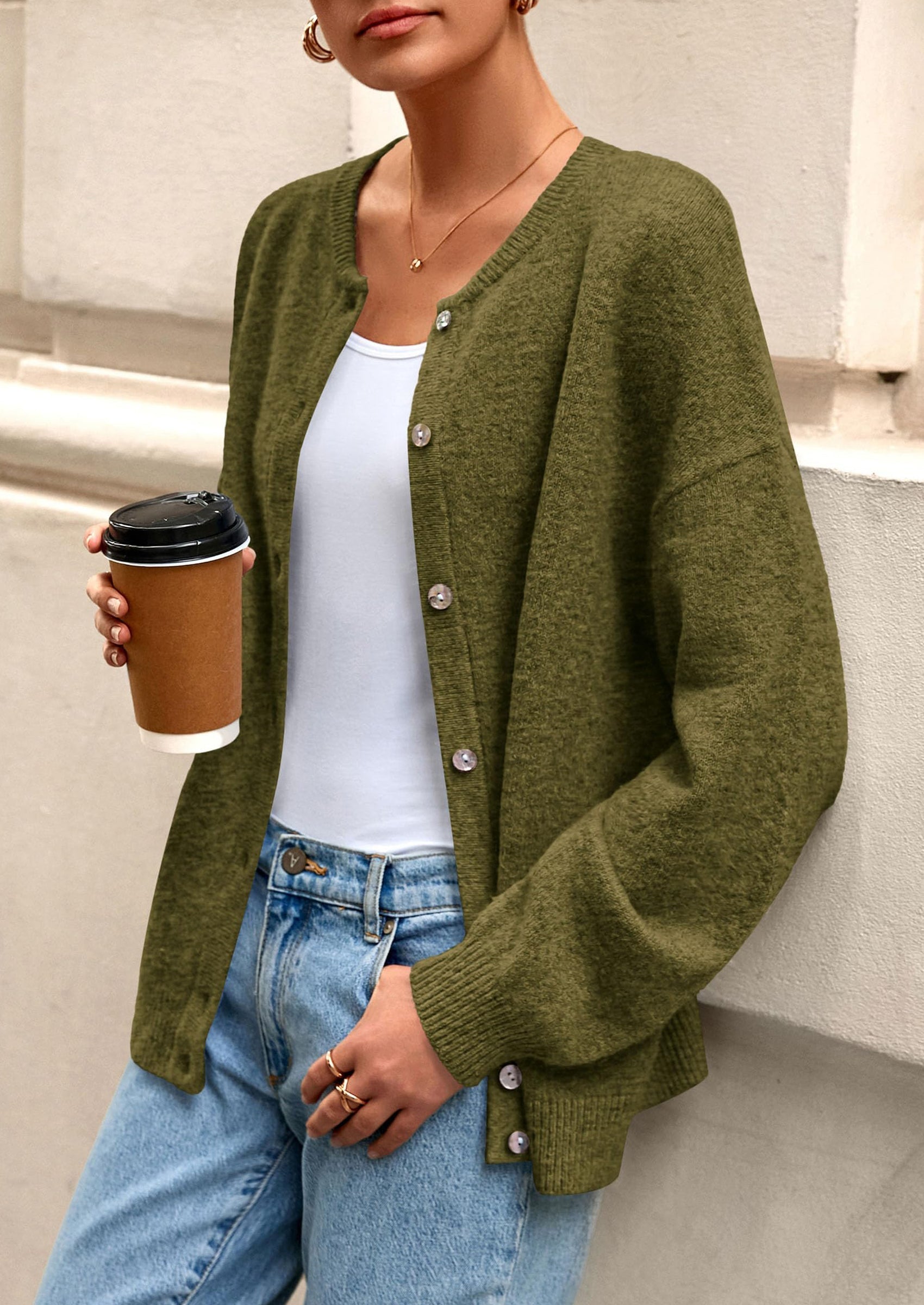 Fall Long Sleeve Cardigans for Women Trendy Open Front Winter Button Down Crewneck Soft Knit Sweater Jacket