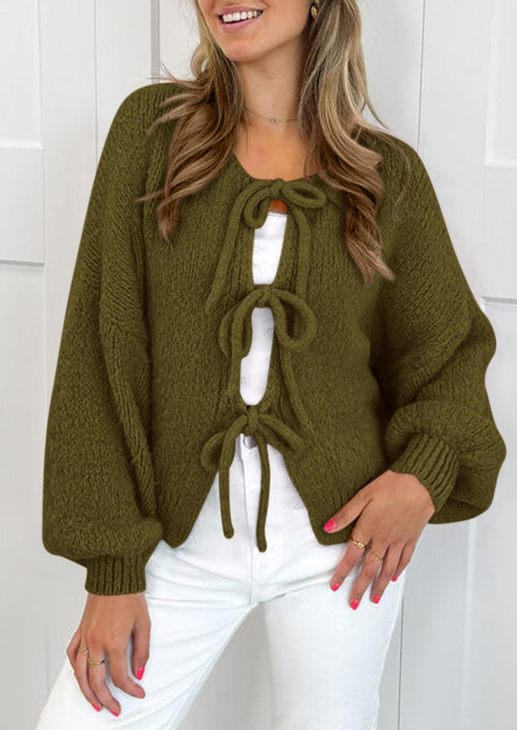 Women's Tie Front Bow Cardigan Sweaters Chunky Knit Long Puff Sleeve Trendy Fall Winter Jacket Coats