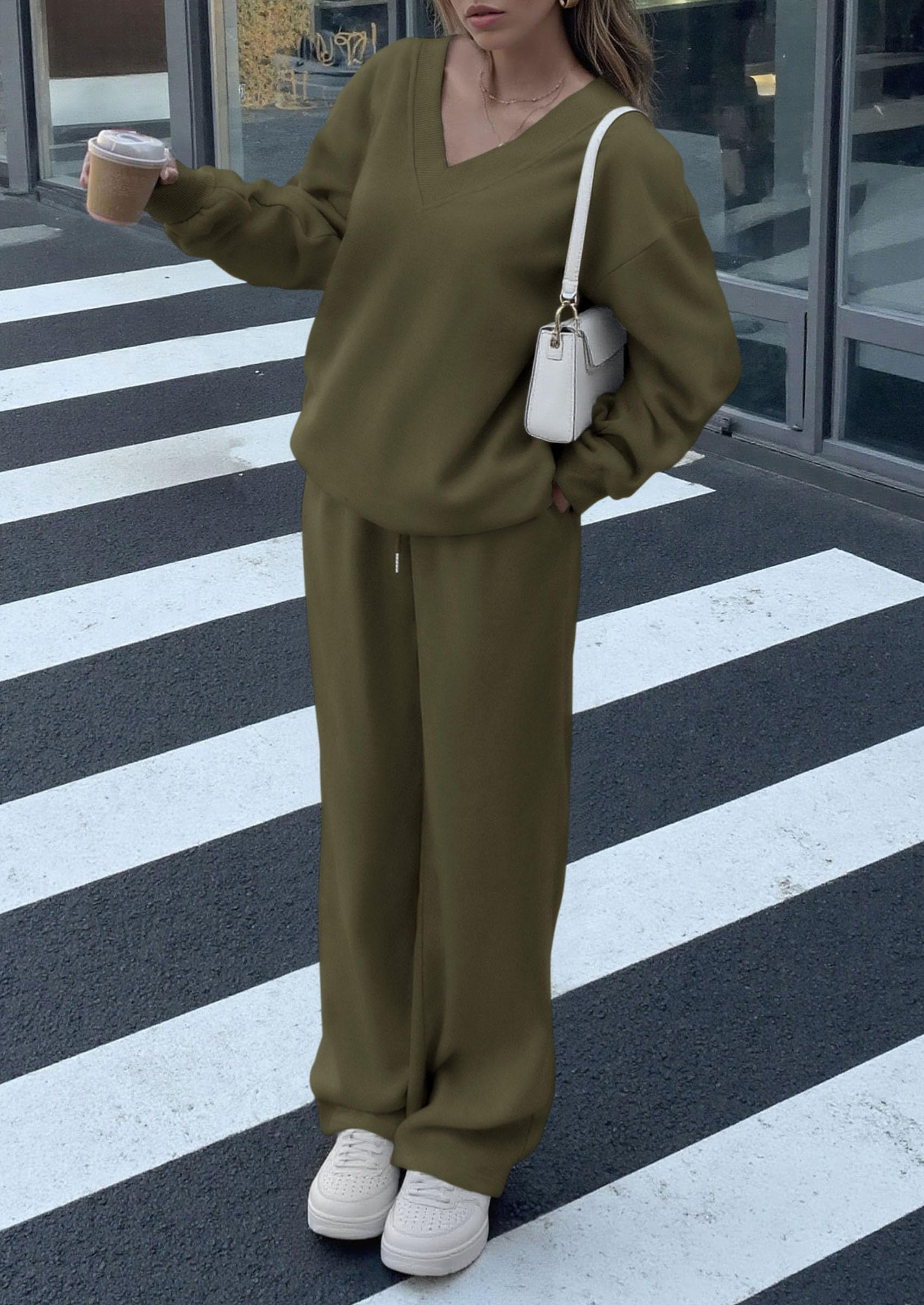 Casual Winter Two Piece Sets for Women V Neck Sweatshirt Loose Wide Leg Pants Tracksuit Knit Fall Outfits