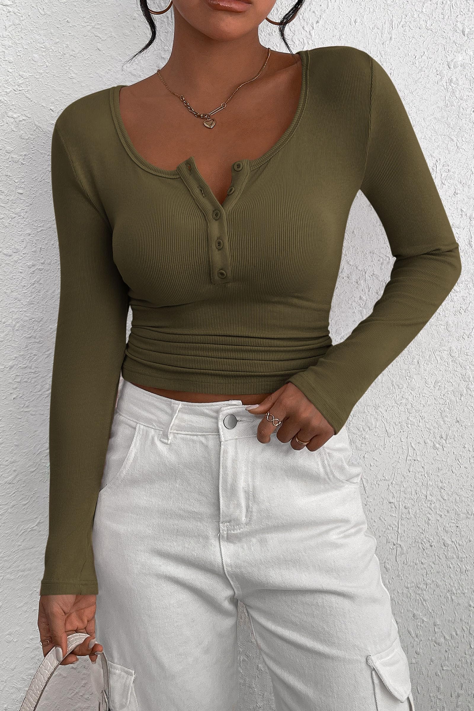 Women's Spring Fall Long Sleeve Henley T Shirts Button Ribbed Knit Slim Fit Casual Basic Tops Blouse