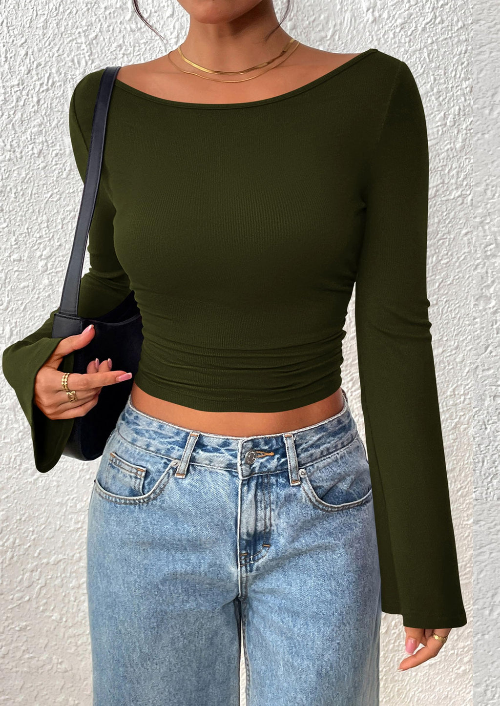 Women's Long Sleeve Shirts Fall Going Out Tops Casual Boat Neck Bell Sleeve Ribbed Ruched Y2K Clothes