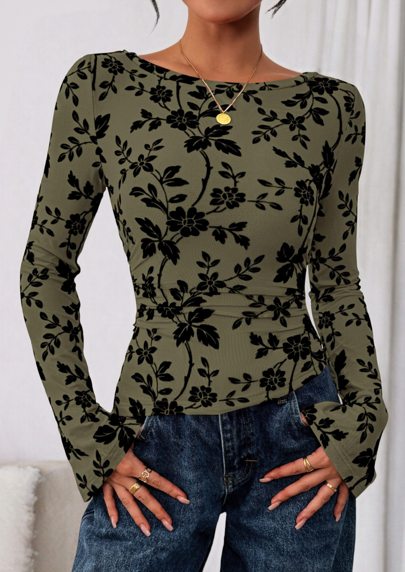 Women Long Sleeve Floral Mesh Tops Blouse  Fall Trendy Boat Neck Ruched Fitted Shirt Going Out Date Outfits
