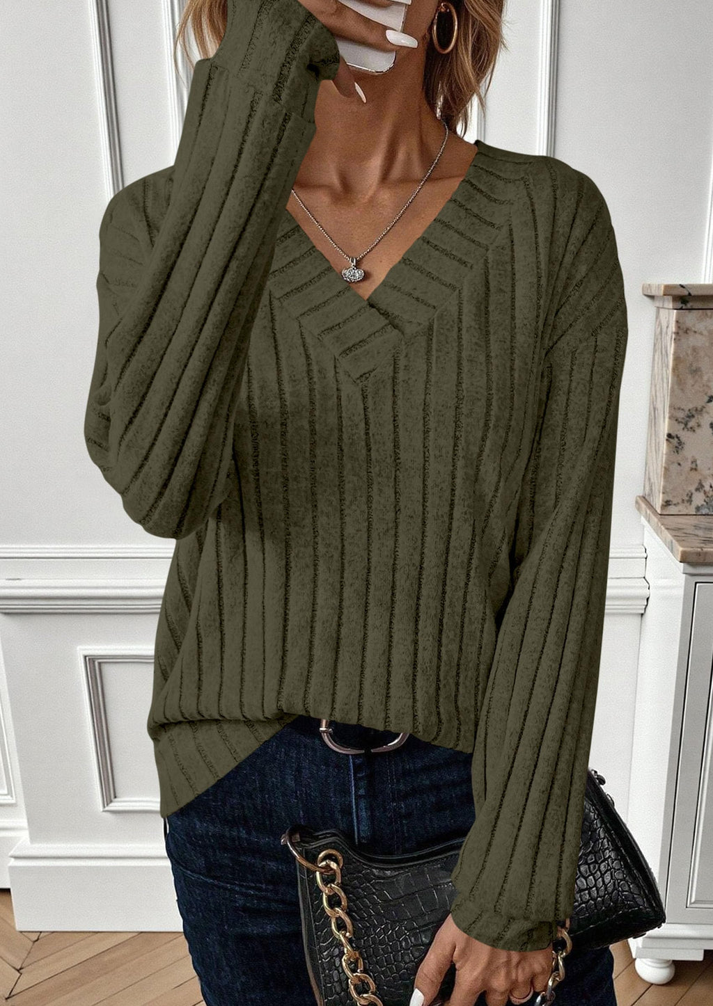 Fall Fashion Long Sleeve Shirts for Women Ribbed Knit V Neck Dressy Casual Lightweight Sweaters Tunic Tops