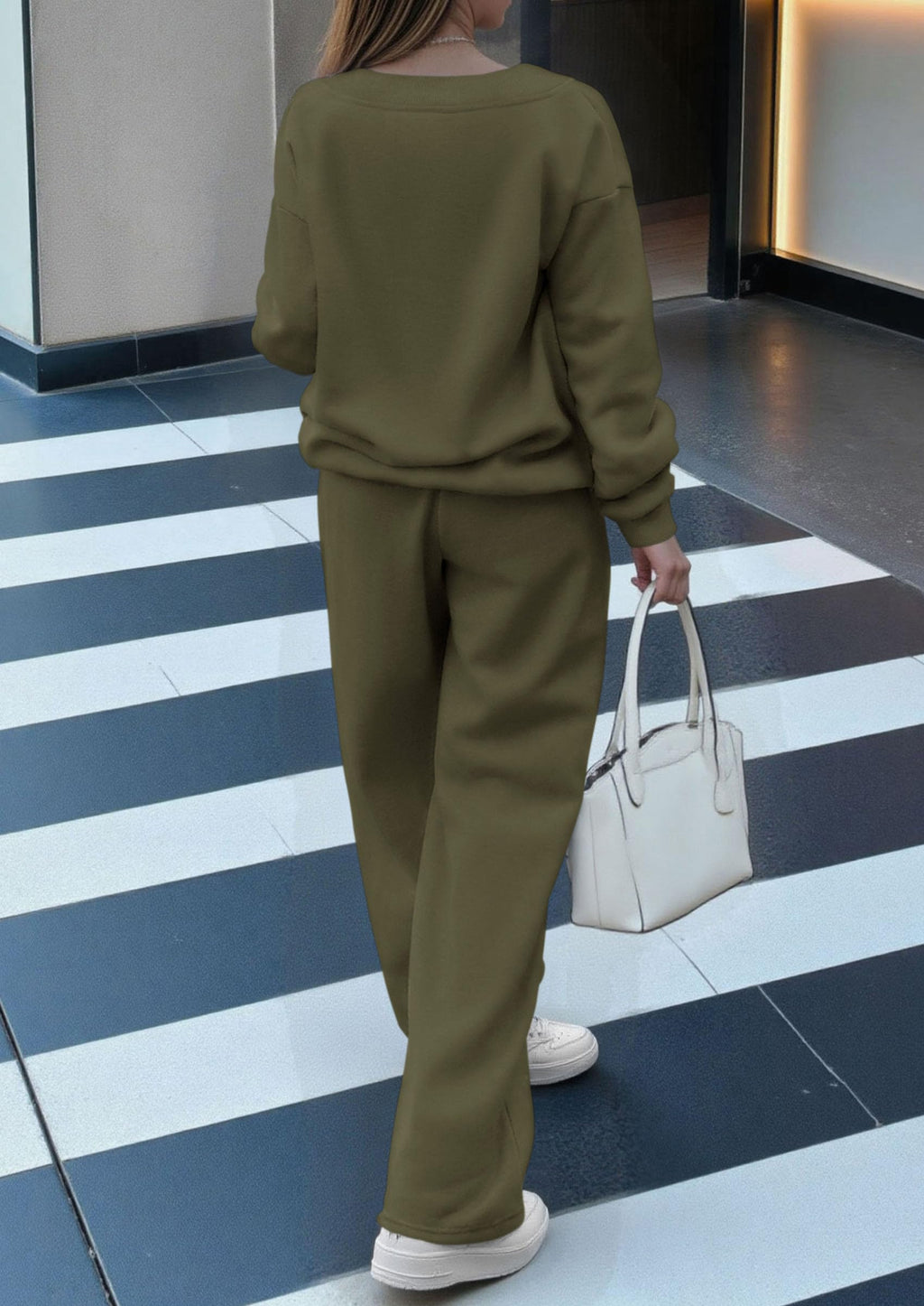 Casual Winter Two Piece Sets for Women V Neck Sweatshirt Loose Wide Leg Pants Tracksuit Knit Fall Outfits