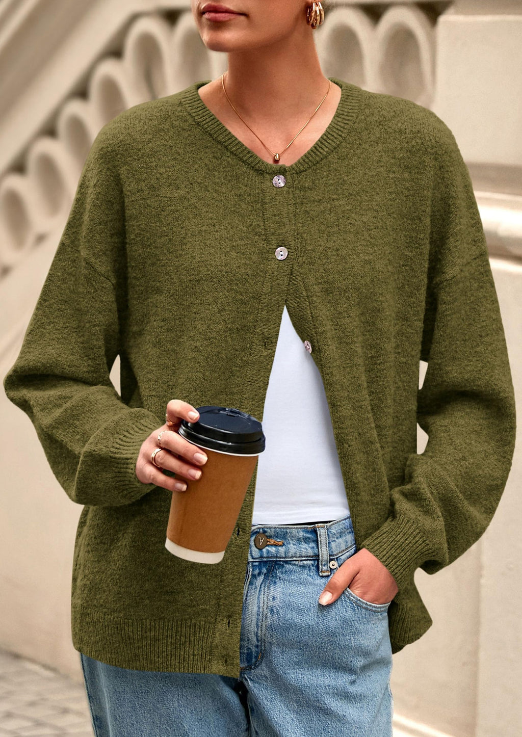 Fall Long Sleeve Cardigans for Women Trendy Open Front Winter Button Down Crewneck Soft Knit Sweater Jacket