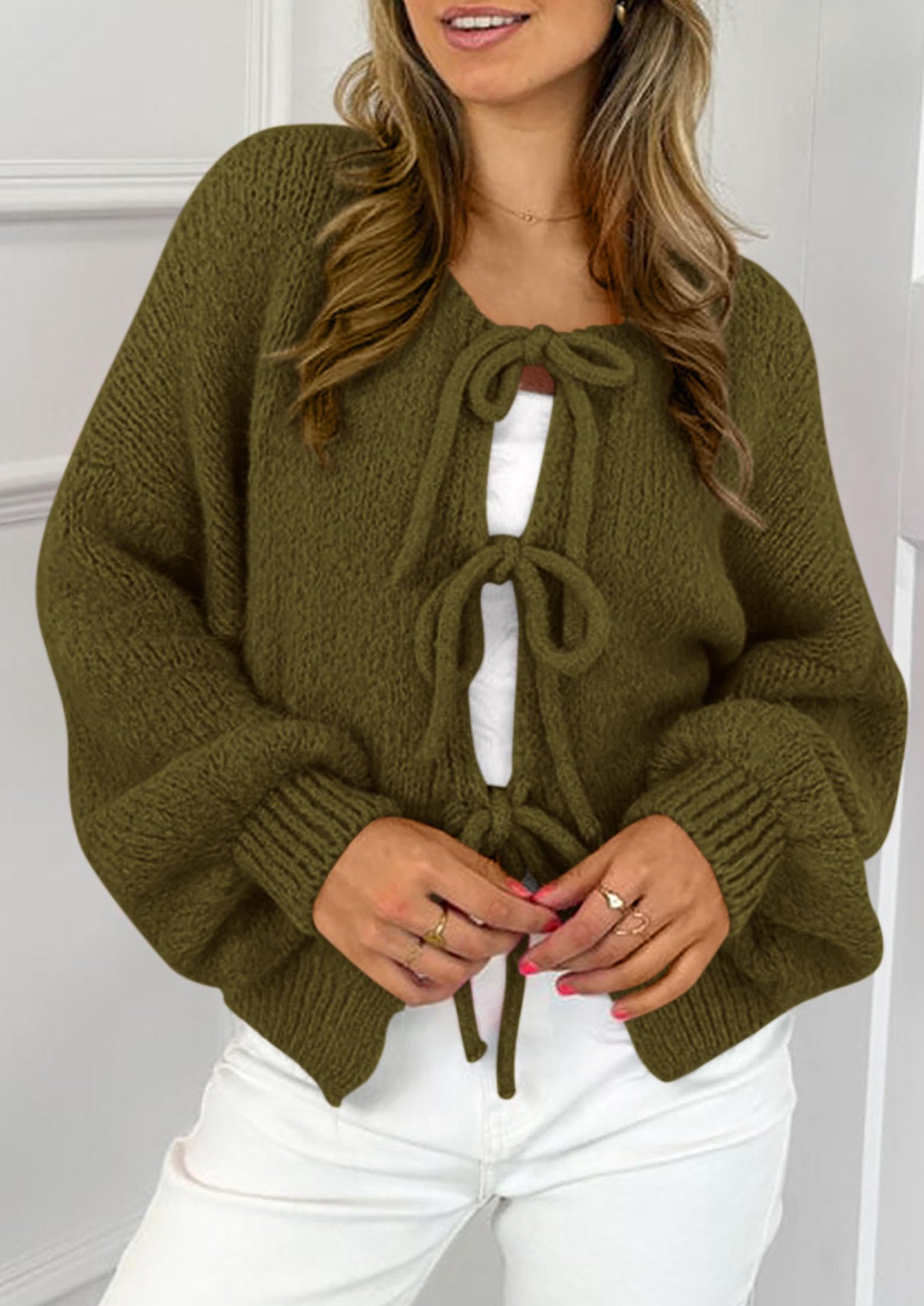 Women's Tie Front Bow Cardigan Sweaters Chunky Knit Long Puff Sleeve Trendy Fall Winter Jacket Coats