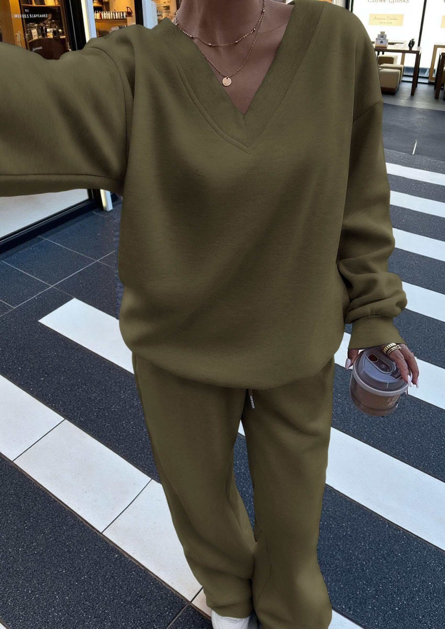 Casual Winter Two Piece Sets for Women V Neck Sweatshirt Loose Wide Leg Pants Tracksuit Knit Fall Outfits