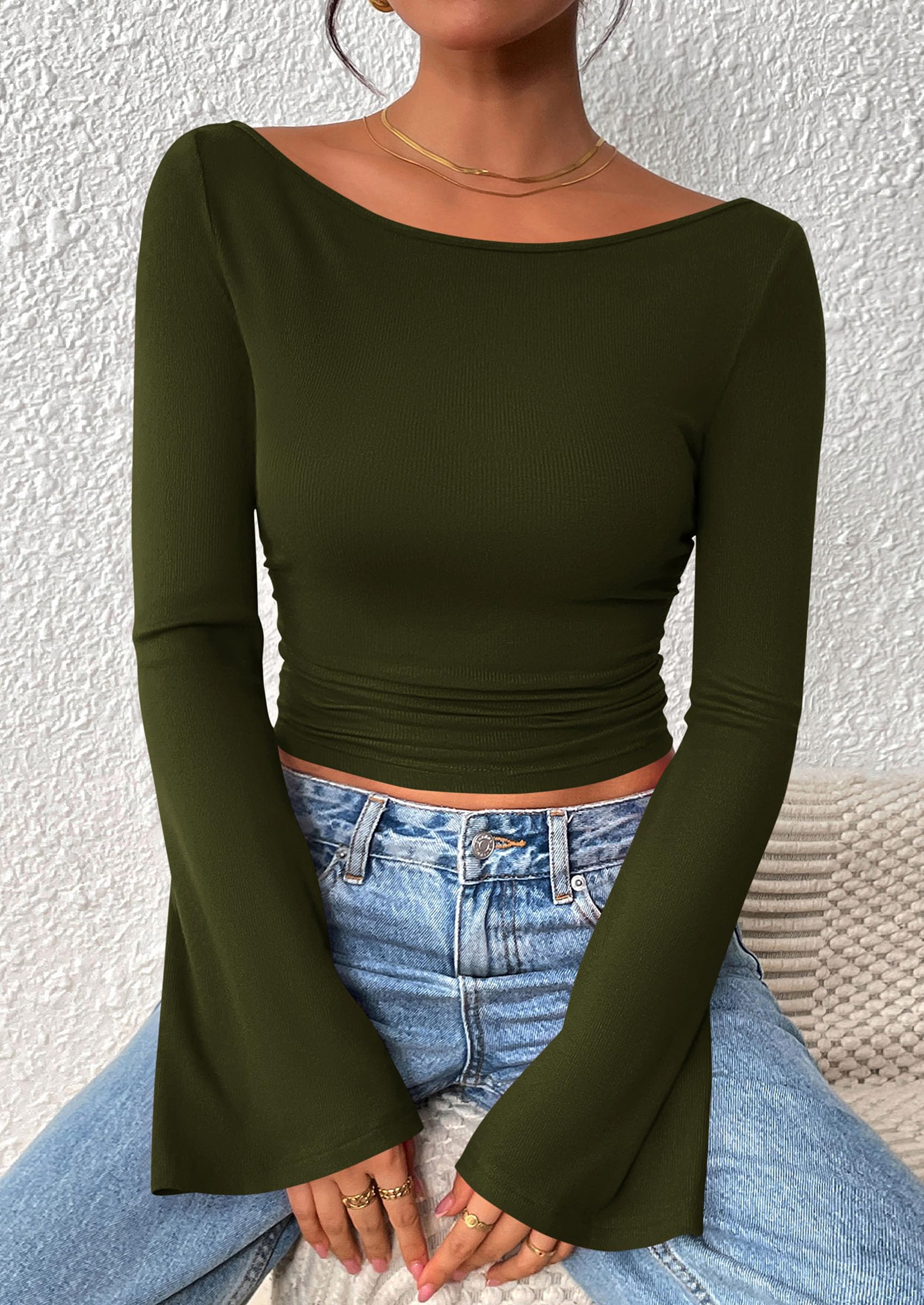 Women's Long Sleeve Shirts Fall Going Out Tops Casual Boat Neck Bell Sleeve Ribbed Ruched Y2K Clothes