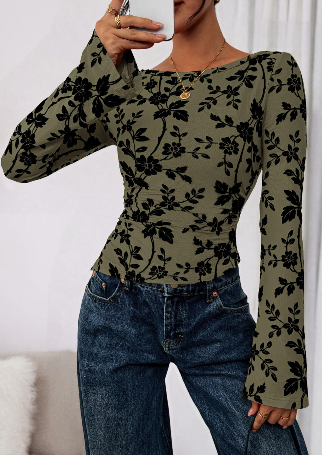 Women Long Sleeve Floral Mesh Tops Blouse  Fall Trendy Boat Neck Ruched Fitted Shirt Going Out Date Outfits