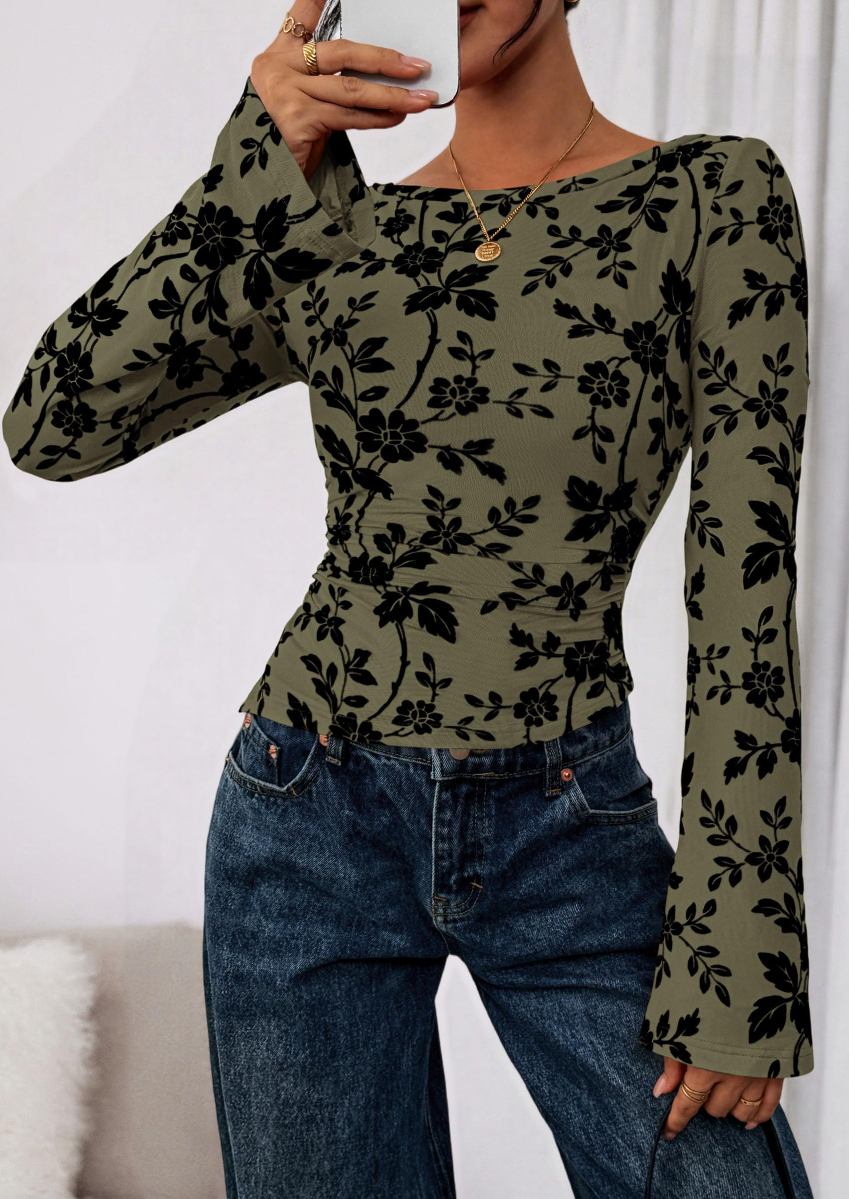 Women Long Sleeve Floral Mesh Tops Blouse  Fall Trendy Boat Neck Ruched Fitted Shirt Going Out Date Outfits