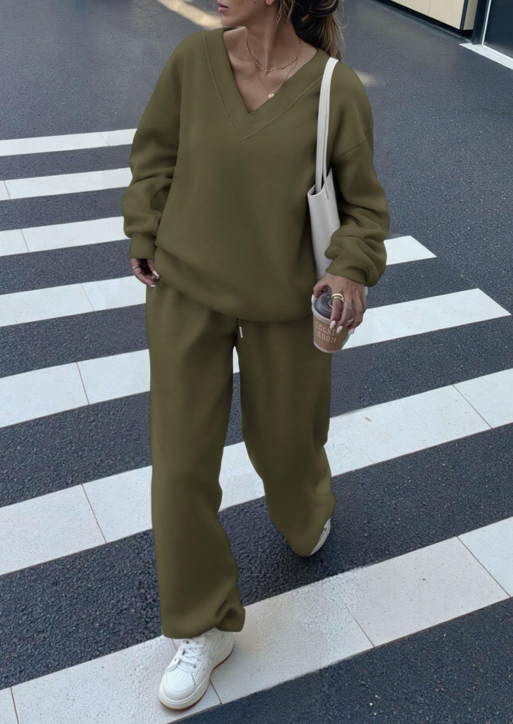 Casual Winter Two Piece Sets for Women V Neck Sweatshirt Loose Wide Leg Pants Tracksuit Knit Fall Outfits