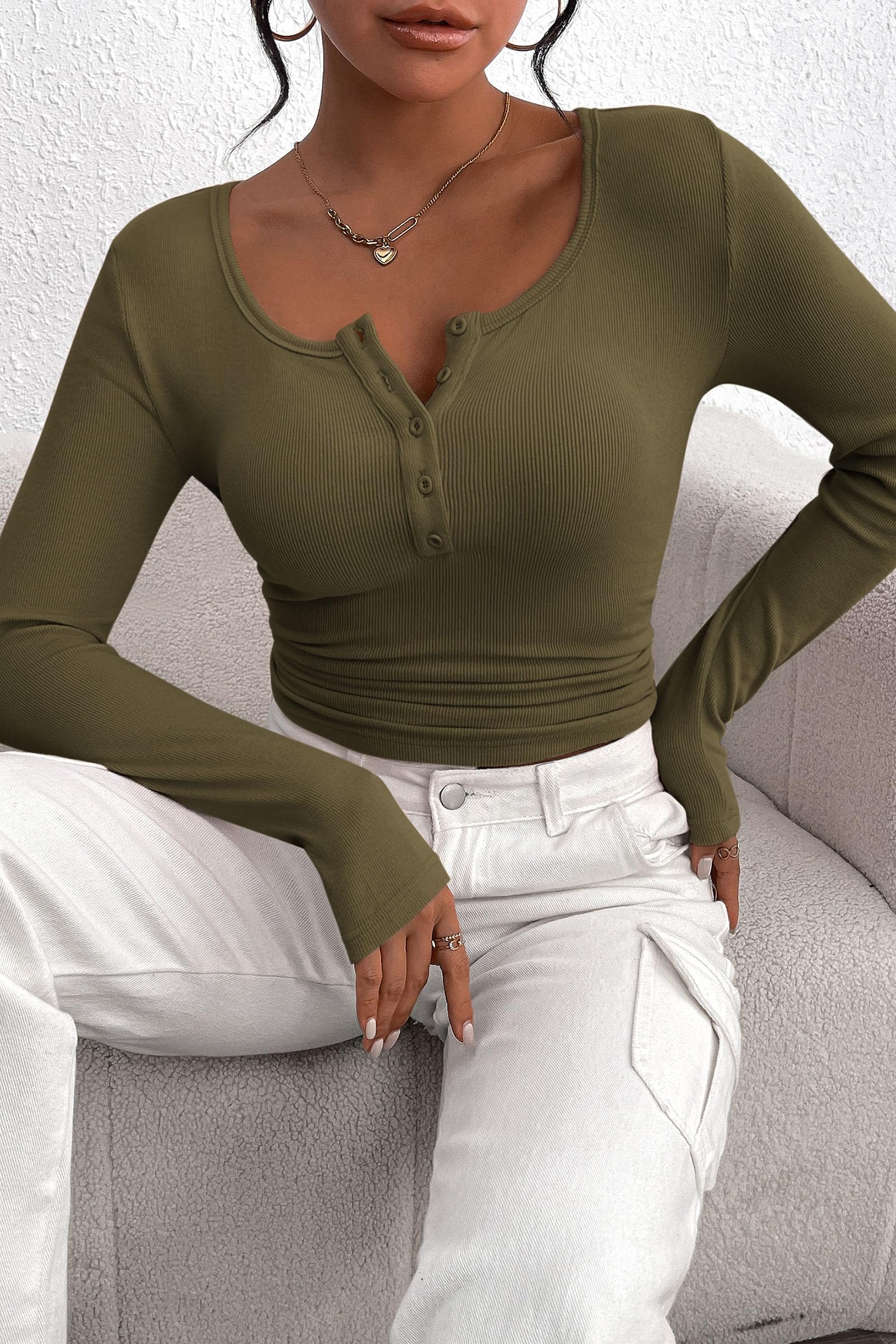 Women's Spring Fall Long Sleeve Henley T Shirts Button Ribbed Knit Slim Fit Casual Basic Tops Blouse