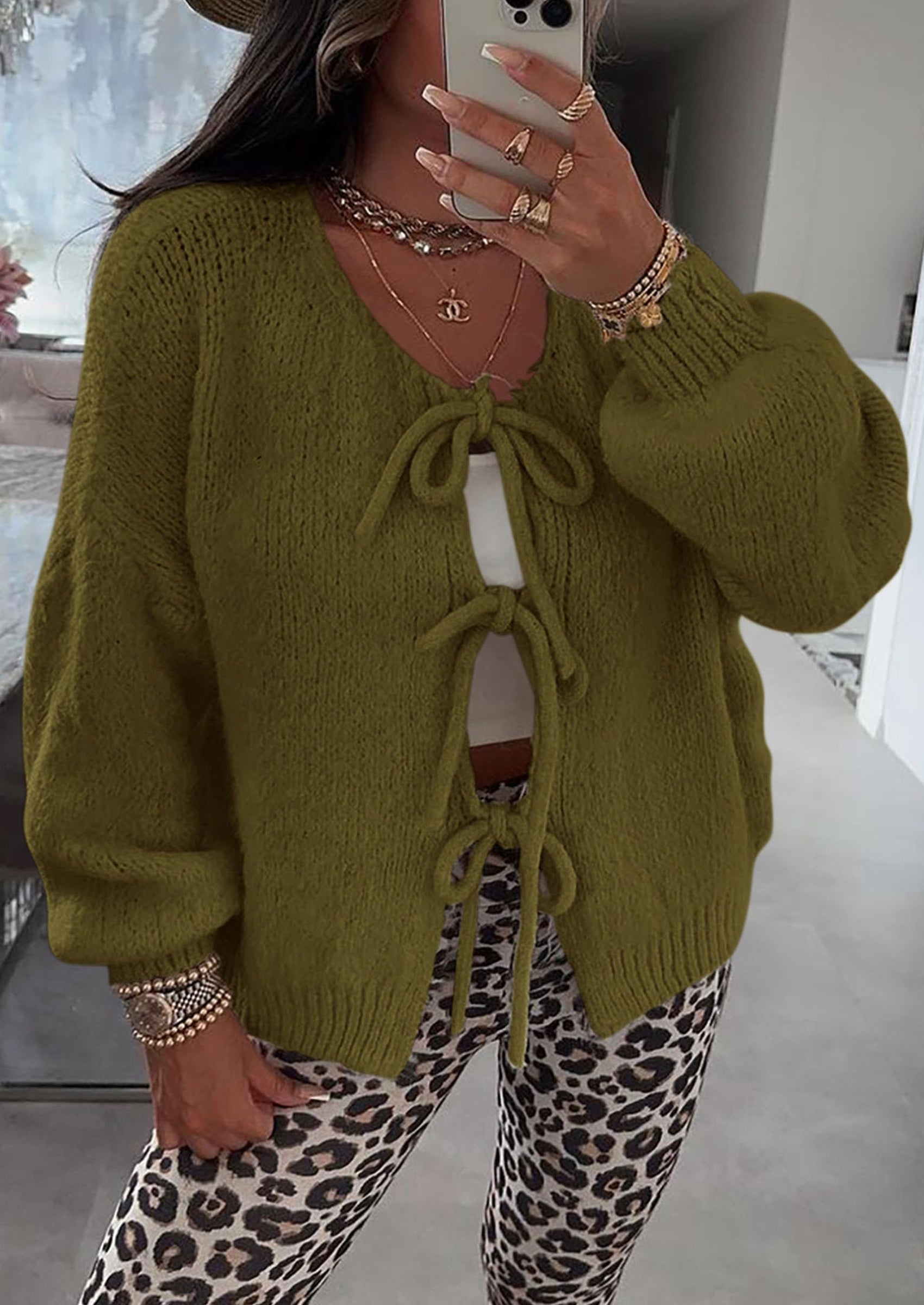 Women's Tie Front Bow Cardigan Sweaters Chunky Knit Long Puff Sleeve Trendy Fall Winter Jacket Coats