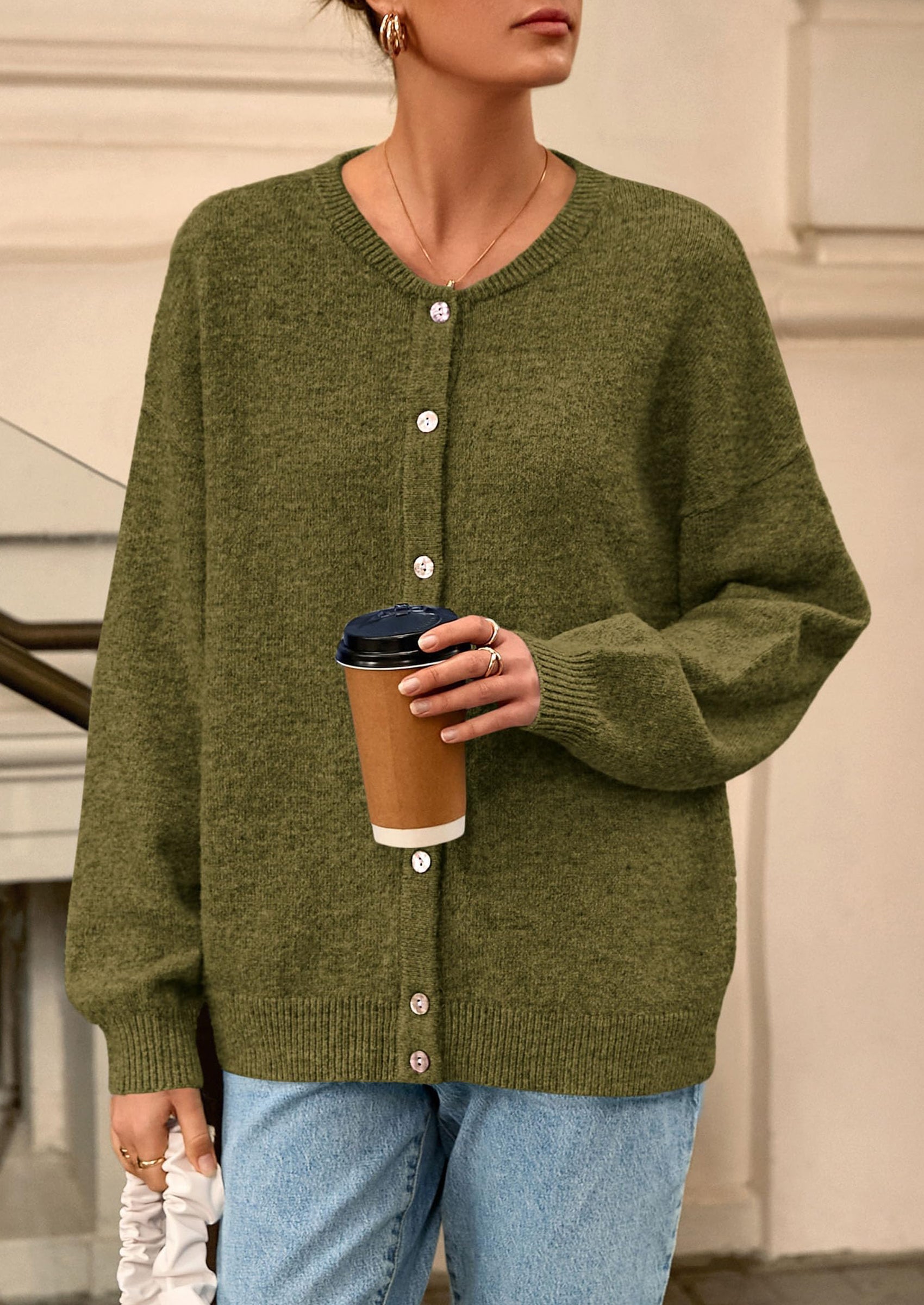 Fall Long Sleeve Cardigans for Women Trendy Open Front Winter Button Down Crewneck Soft Knit Sweater Jacket