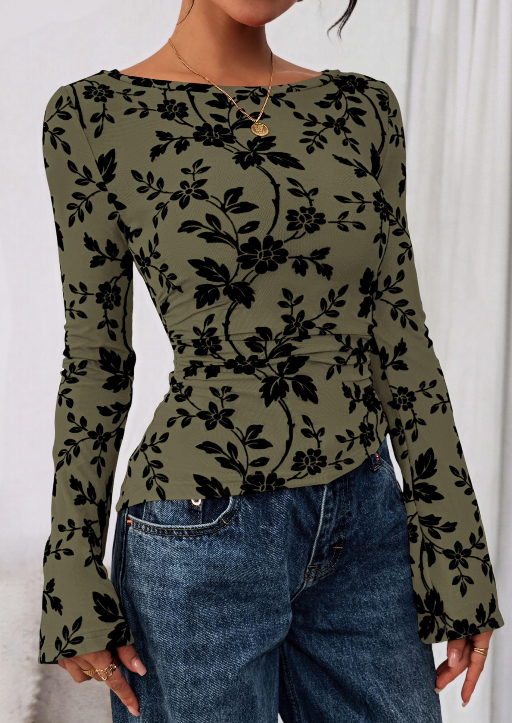 Women Long Sleeve Floral Mesh Tops Blouse  Fall Trendy Boat Neck Ruched Fitted Shirt Going Out Date Outfits