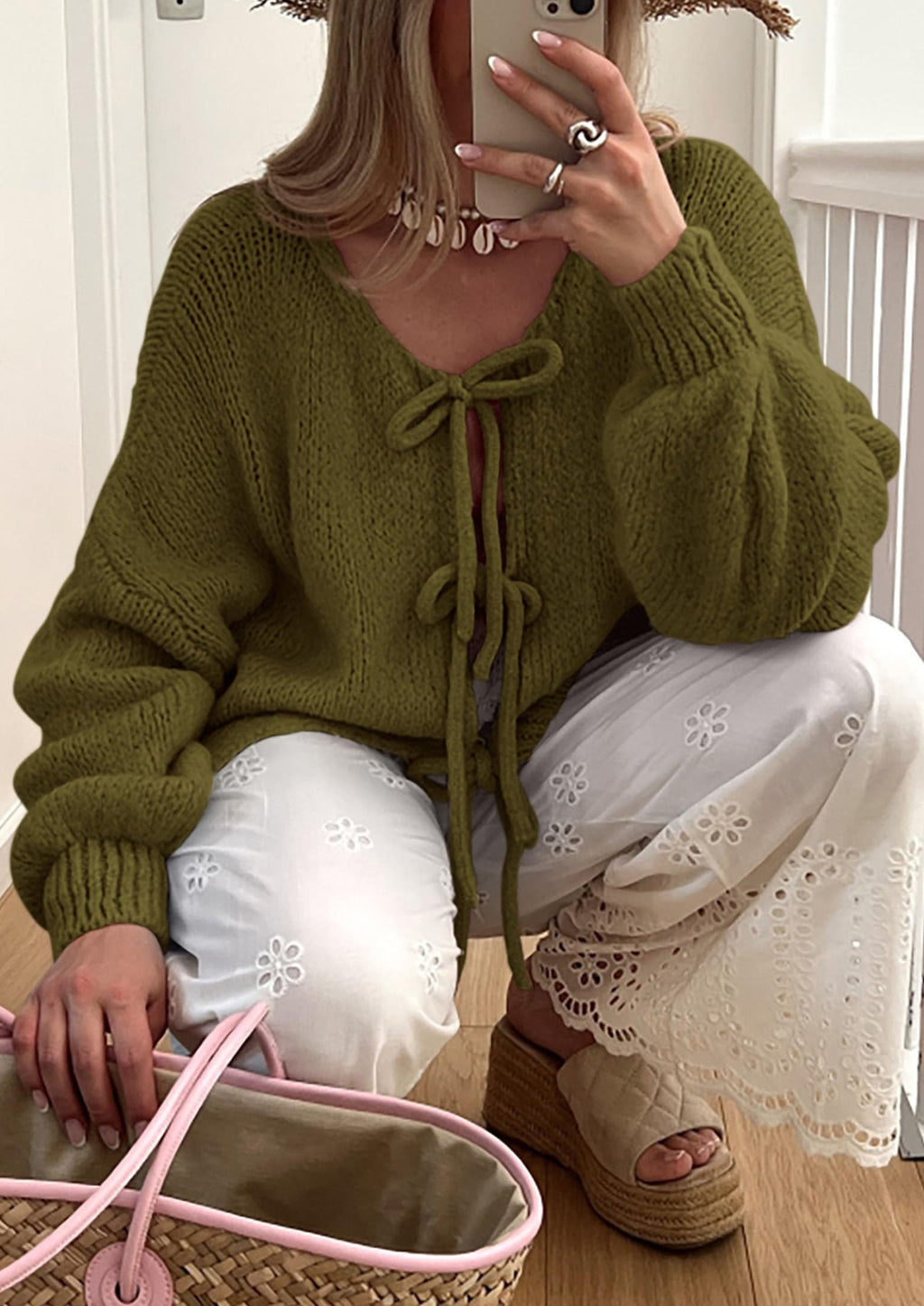 Women's Tie Front Bow Cardigan Sweaters Chunky Knit Long Puff Sleeve Trendy Fall Winter Jacket Coats