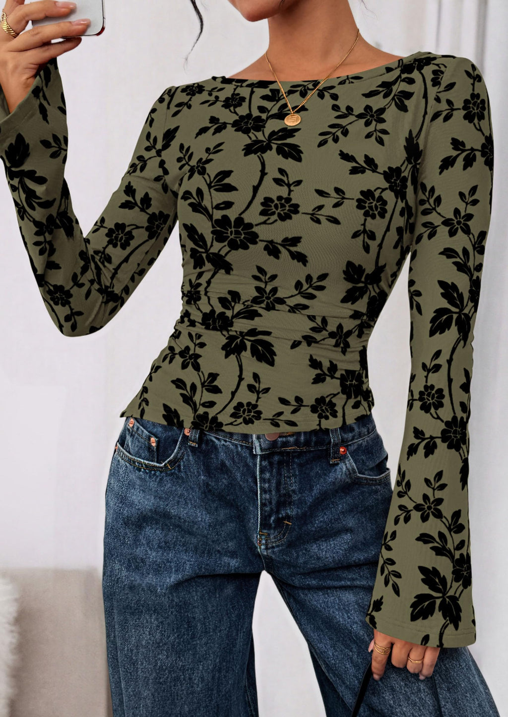Women Long Sleeve Floral Mesh Tops Blouse  Fall Trendy Boat Neck Ruched Fitted Shirt Going Out Date Outfits