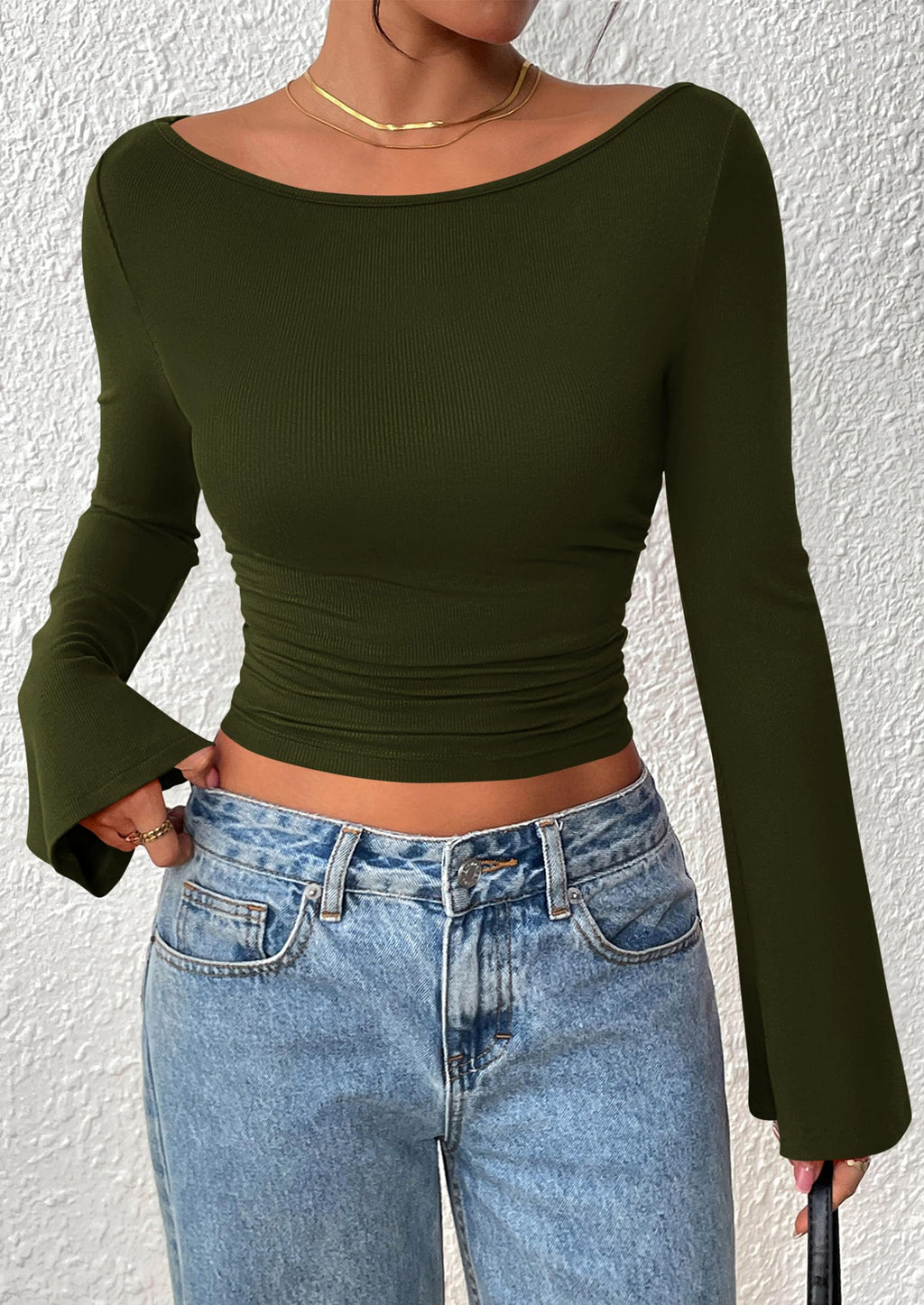Women's Long Sleeve Shirts Fall Going Out Tops Casual Boat Neck Bell Sleeve Ribbed Ruched Y2K Clothes