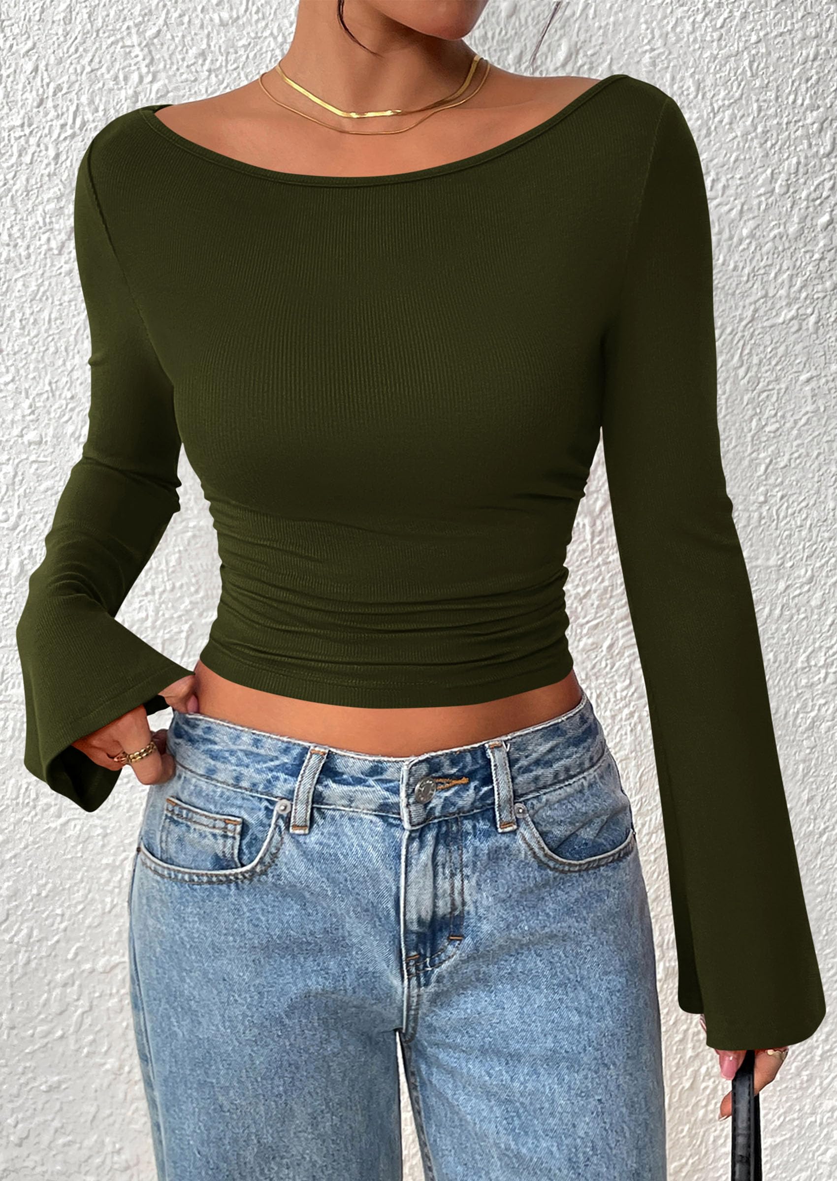Women's Long Sleeve Shirts Fall Going Out Tops Casual Boat Neck Bell Sleeve Ribbed Ruched Y2K Clothes