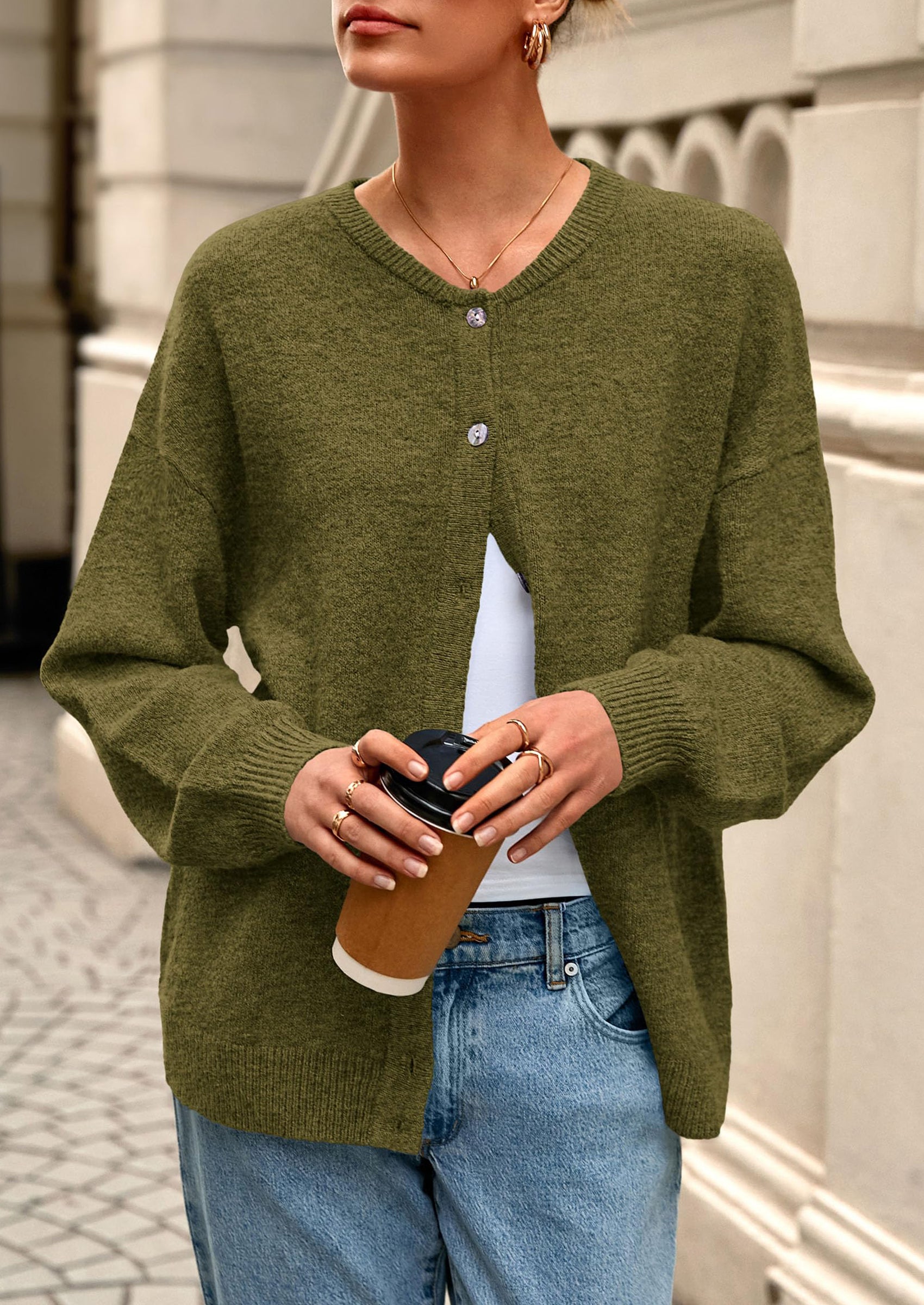 Fall Long Sleeve Cardigans for Women Trendy Open Front Winter Button Down Crewneck Soft Knit Sweater Jacket