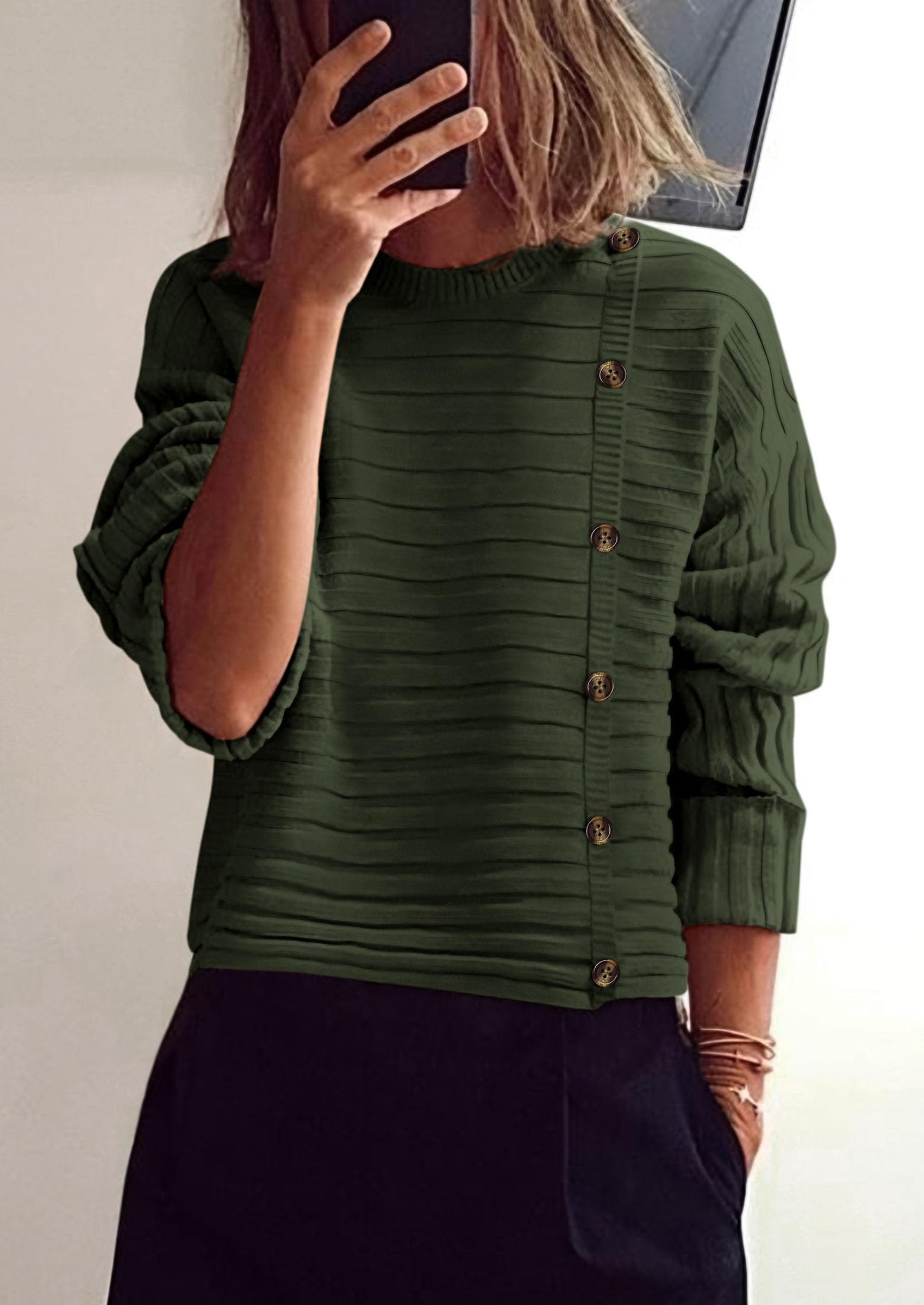 Womens Sweaters Fall Casual Long Sleeve Crewneck Button Loose Winter Knit Pullover Sweater Tops