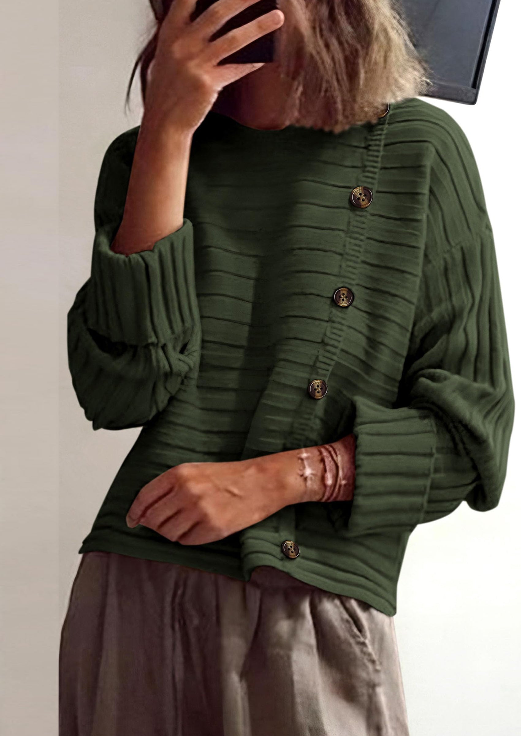 Womens Sweaters Fall Casual Long Sleeve Crewneck Button Loose Winter Knit Pullover Sweater Tops