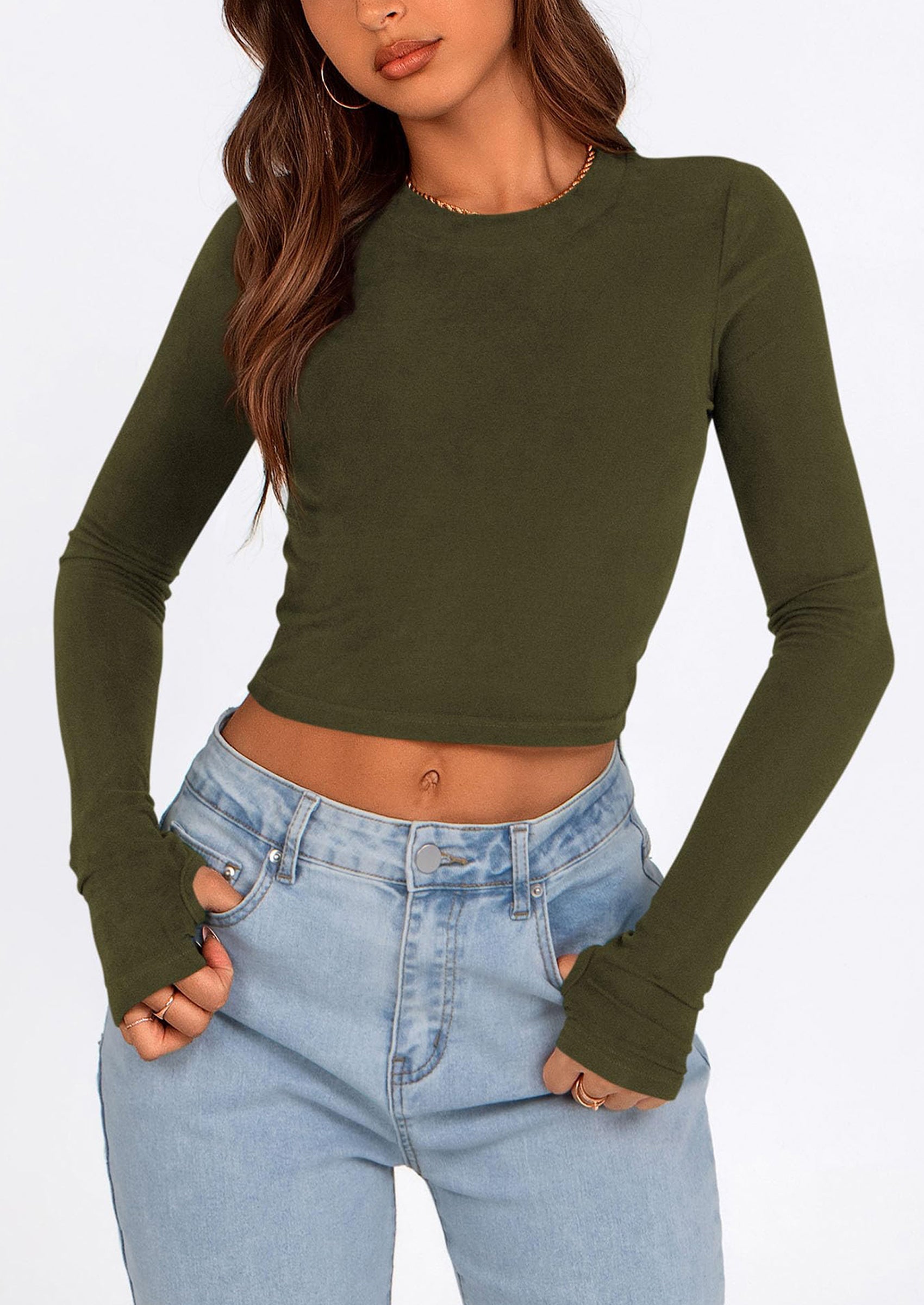 Women's Long Sleeve Crop Tops Y2K Spring Fall Fashion Clothes Basic Slim Fit Tee Shirts Blouse