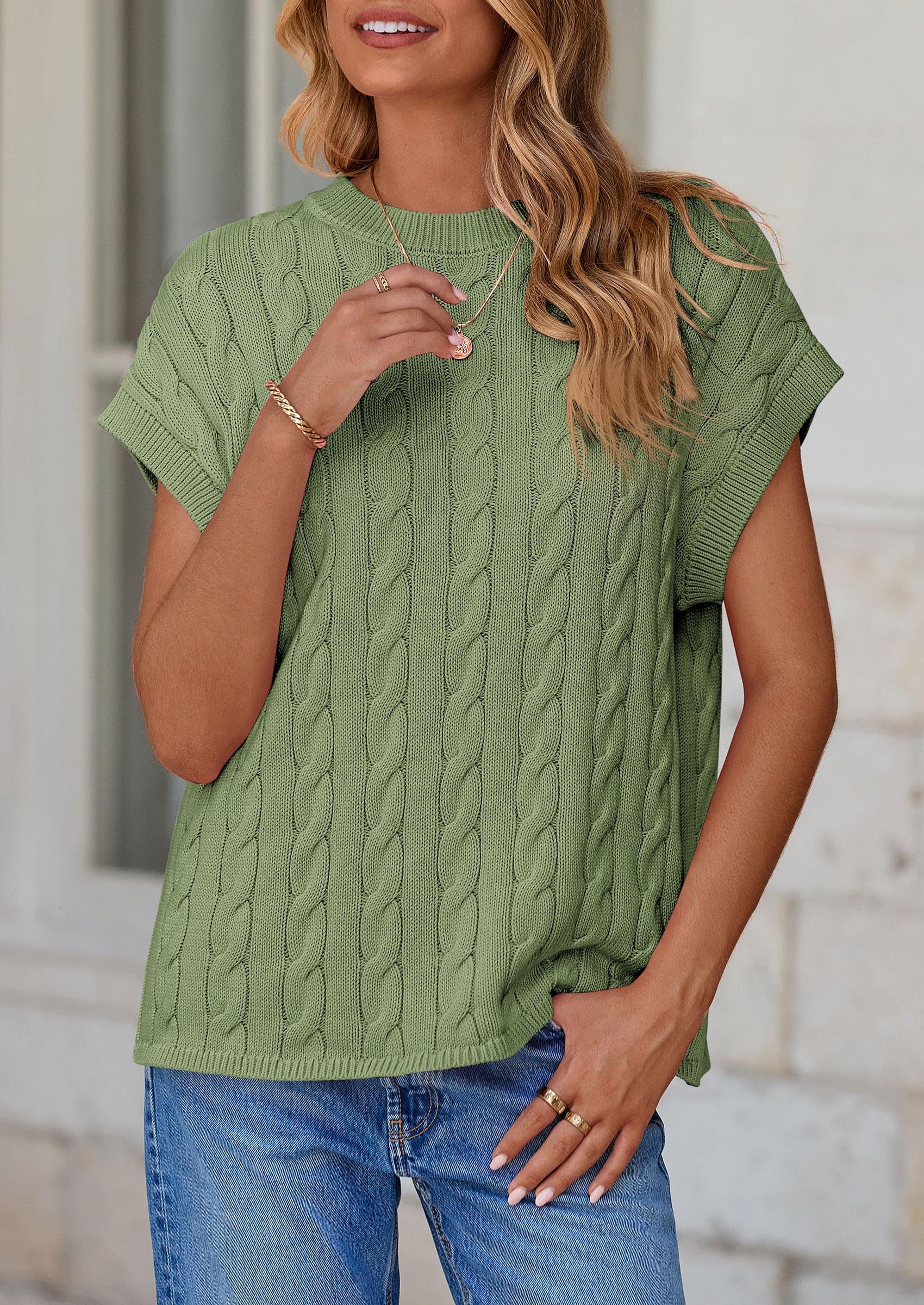 Women's Sweater Vest Summer Short Sleeve Tops Casual Crewneck Knit Oversized Pullover Trendy Spring Outfits