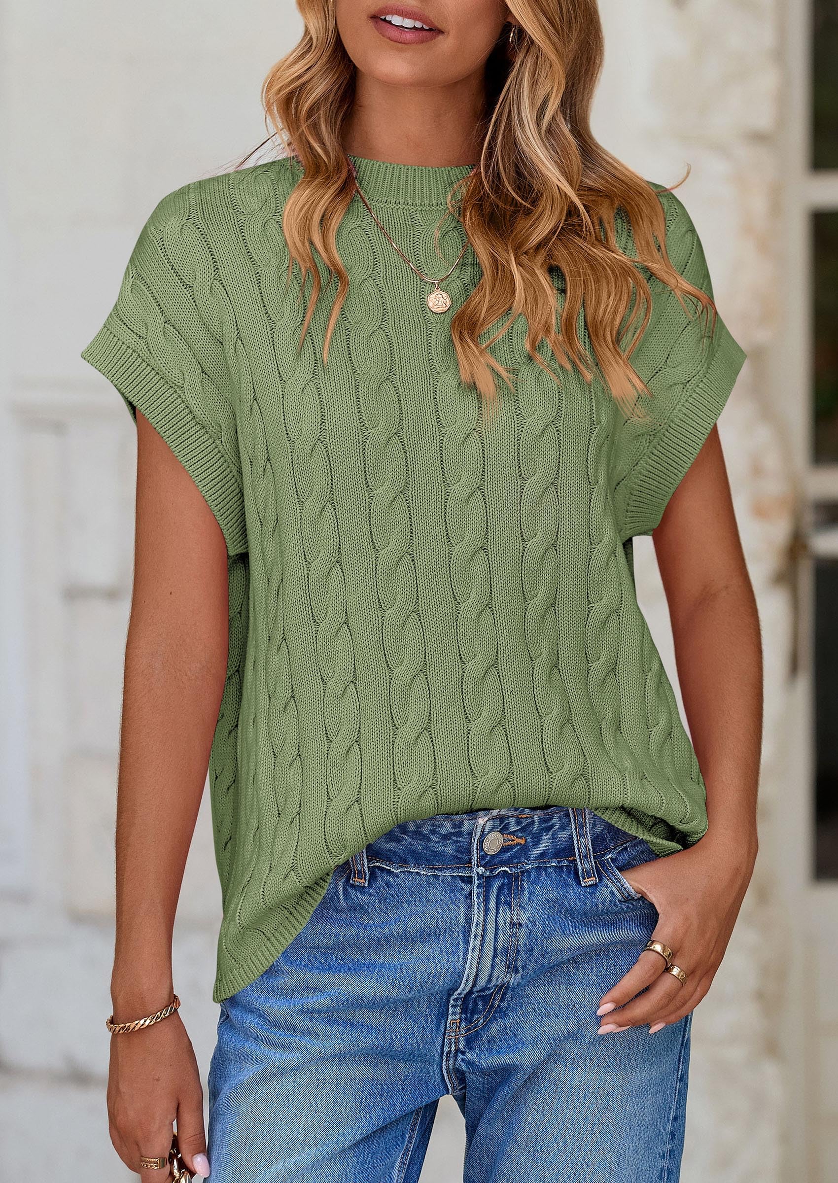 Women's Sweater Vest Summer Short Sleeve Tops Casual Crewneck Knit Oversized Pullover Trendy Spring Outfits