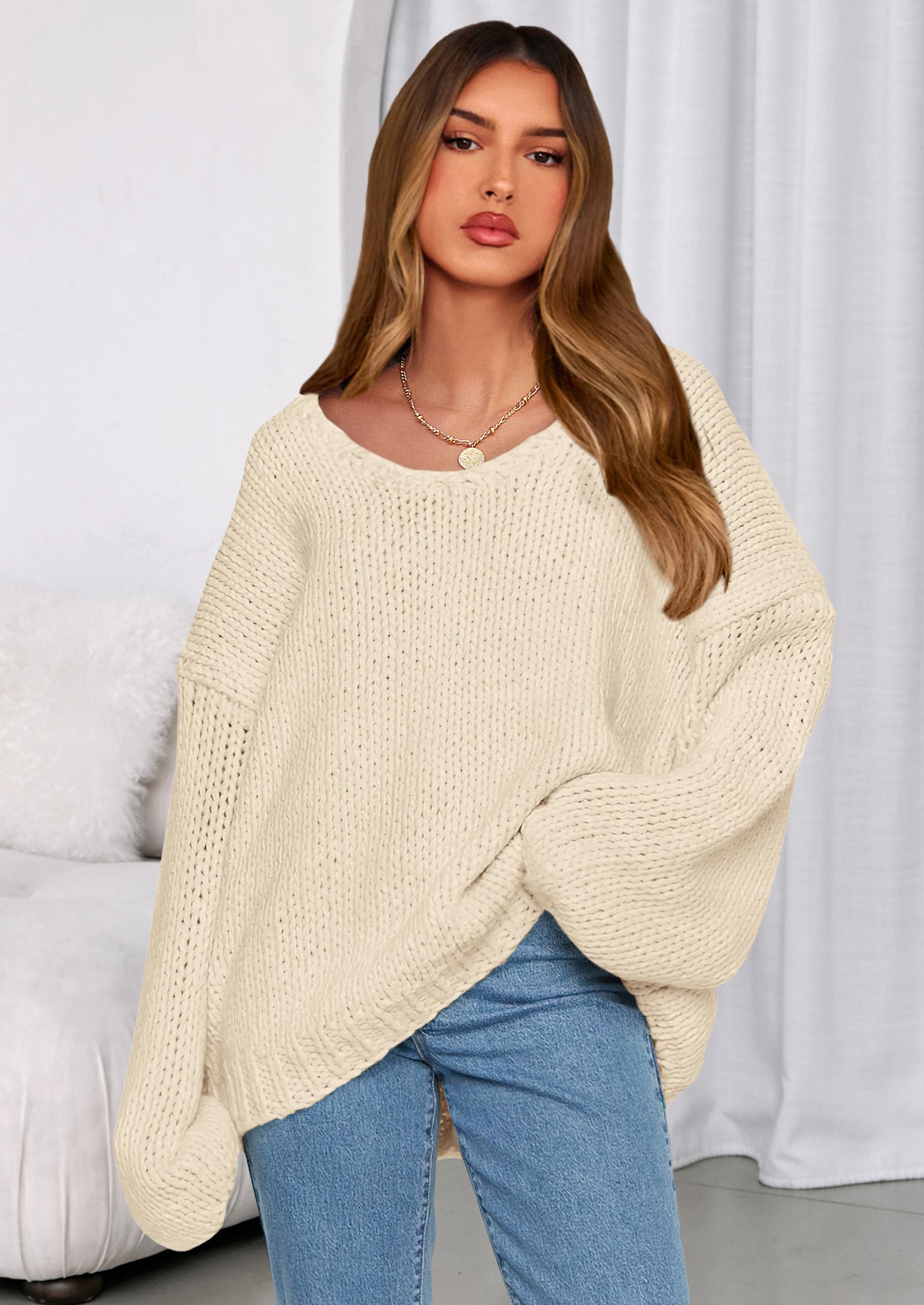 Women's Fall Oversized Sweaters Long Sleeve V Neck Dressy Casual Chunky Knit Loose Pullover Tops Winter Clothing