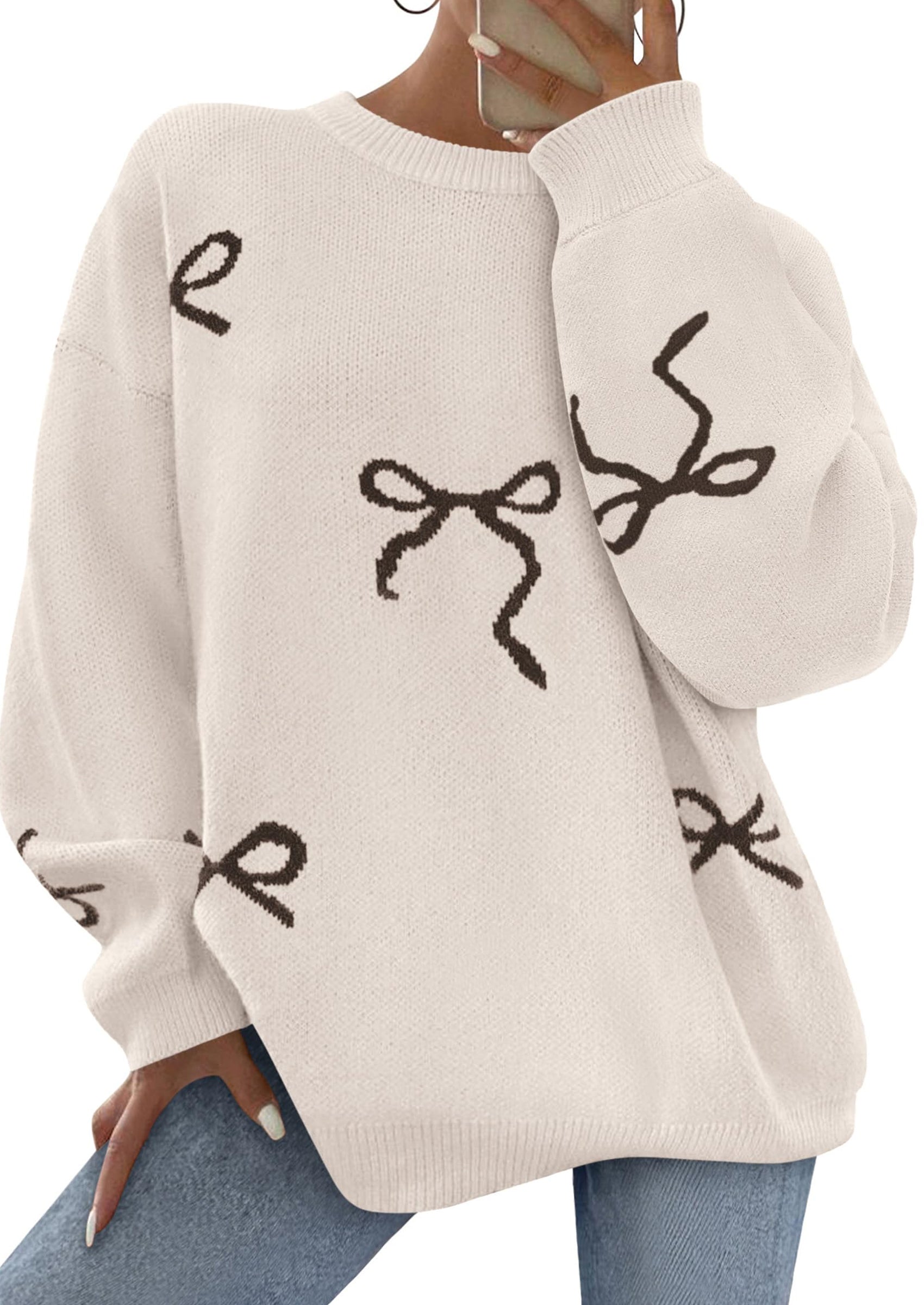 Fall Long Sleeve Pullover Sweaters for Women Trendy Crewneck Casual Cute Bow Chunky Knit Oversized Sweater