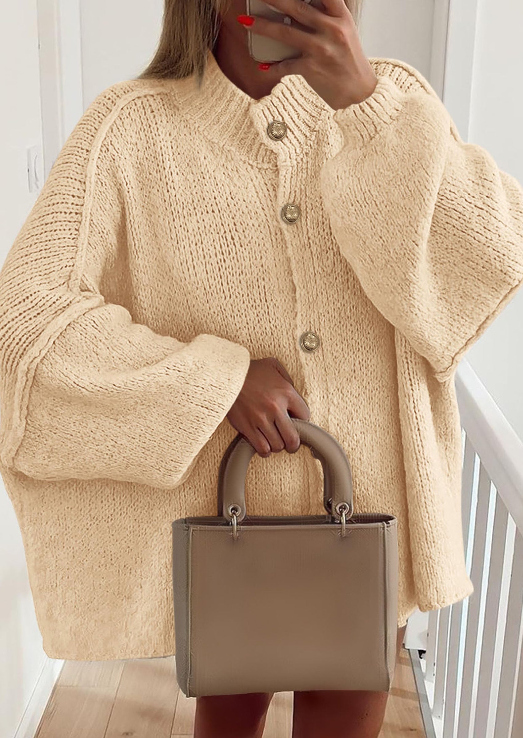 Women's Winter Button Down Cardigan Sweaters Mock Neck Lantern Long Sleeve Chunky Knit Jacket Trendy Outerwear