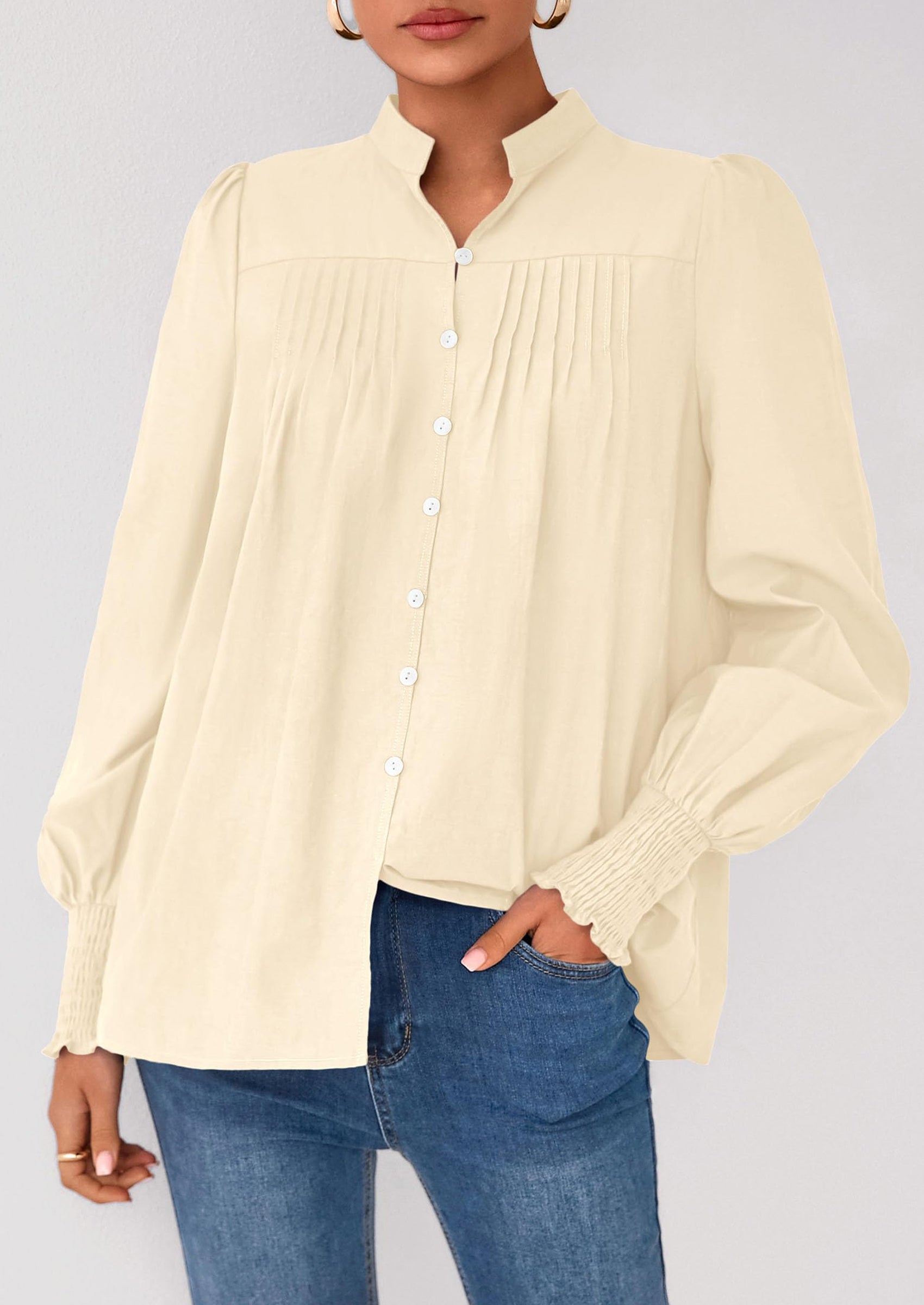 Womens Fall Lantern Long Sleeve Shirts Trendy Button V Neck Pleated Henley Tops Loose Work Blouses