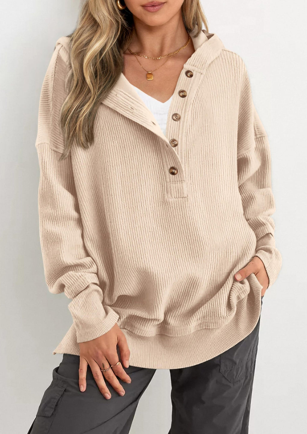 Womens Fashion Oversized Long Sleeve Hoodie Button Down V Neck Sweatshirt Side Slit Casual Pullover Tops