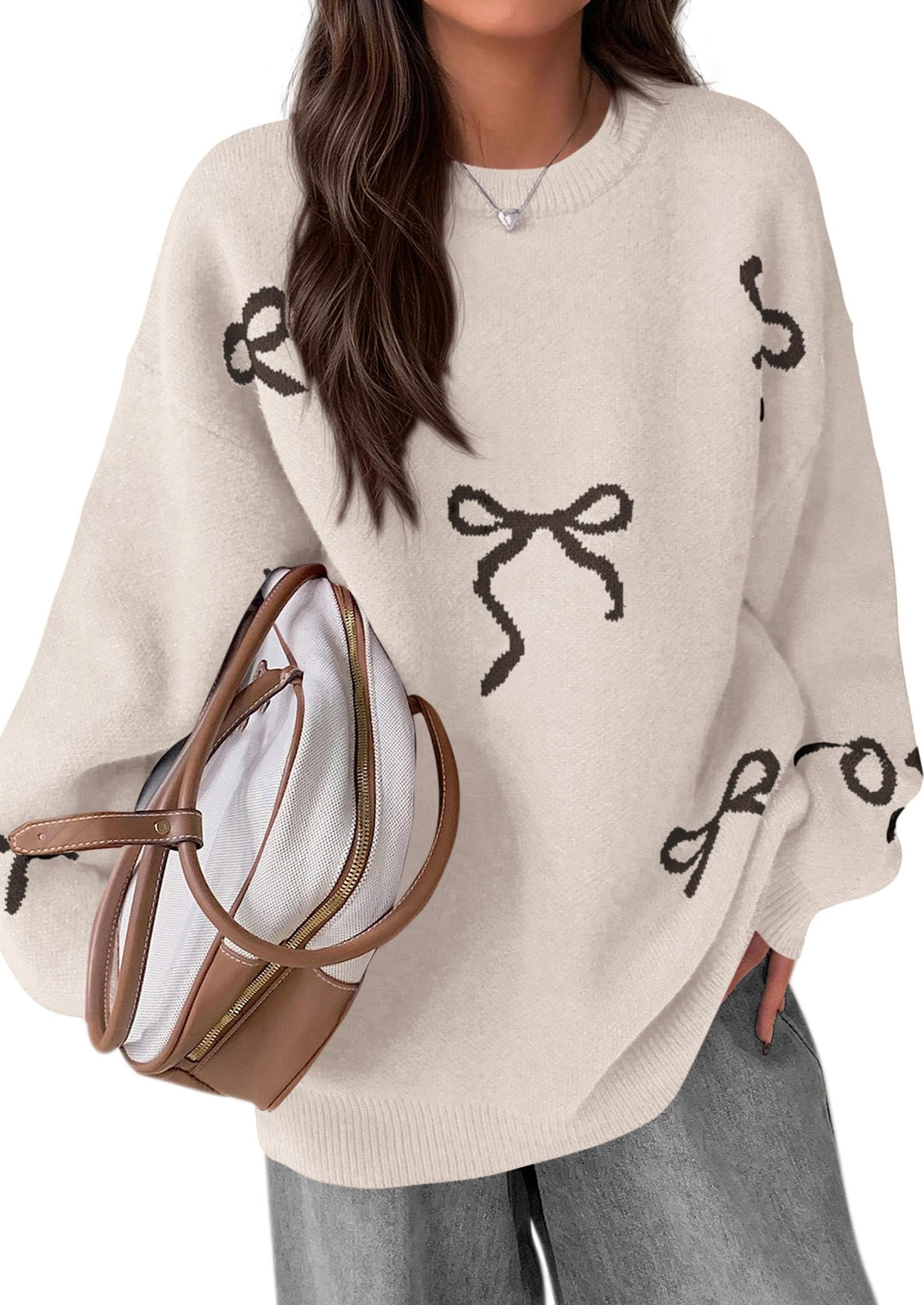 Fall Long Sleeve Pullover Sweaters for Women Trendy Crewneck Casual Cute Bow Chunky Knit Oversized Sweater