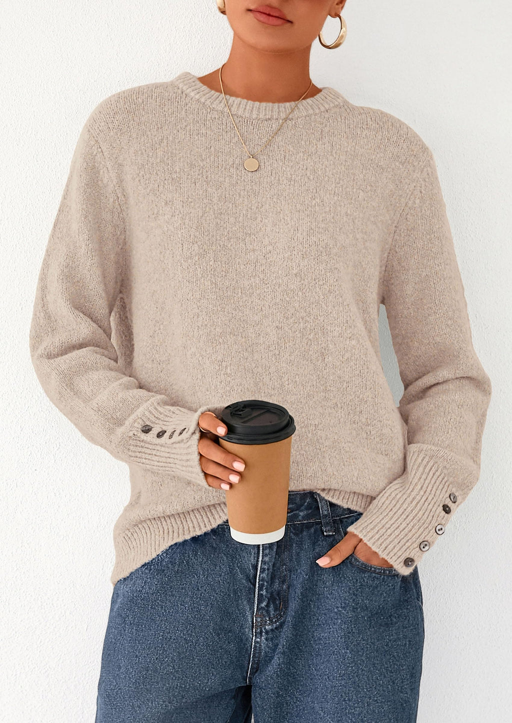 Womens Sweaters Fall Fashion Casual Crewneck Pullover Button Long Sleeve Cute Knit Tops Winter Clothes