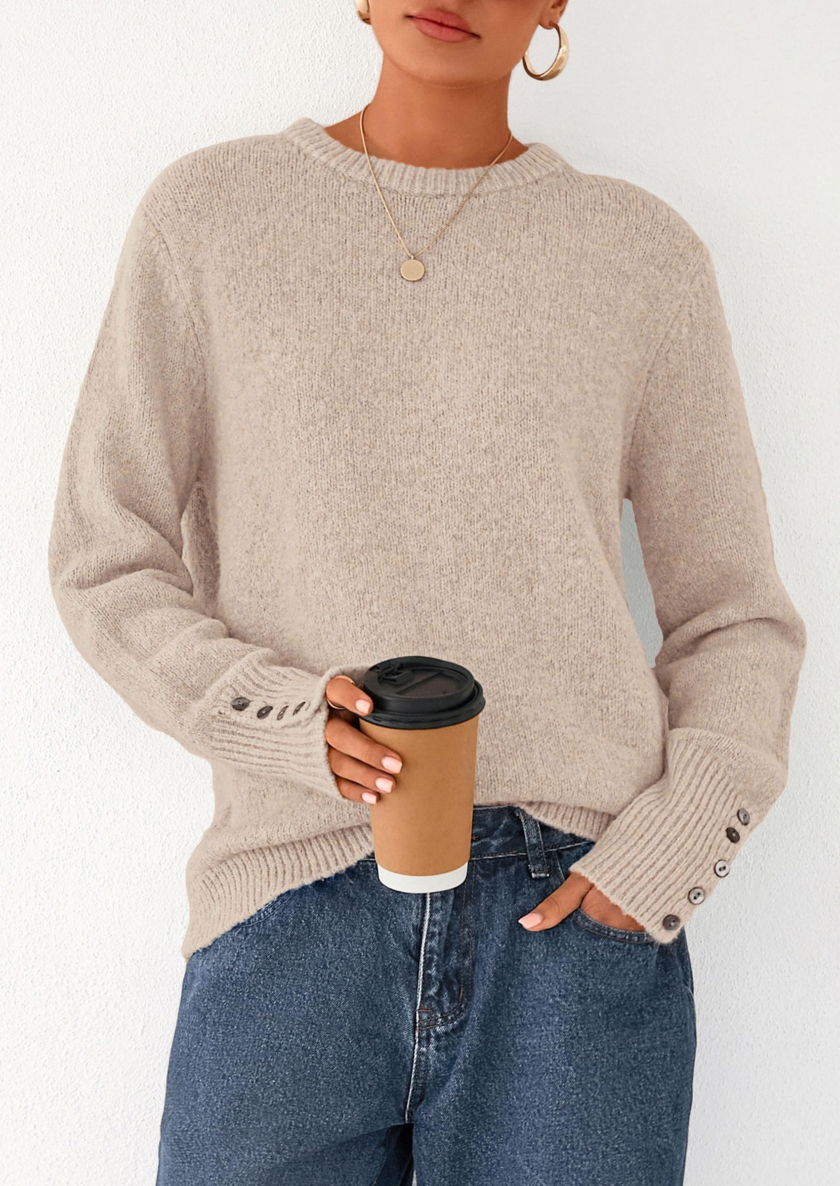 Womens Sweaters Fall Fashion Casual Crewneck Pullover Button Long Sleeve Cute Knit Tops Winter Clothes