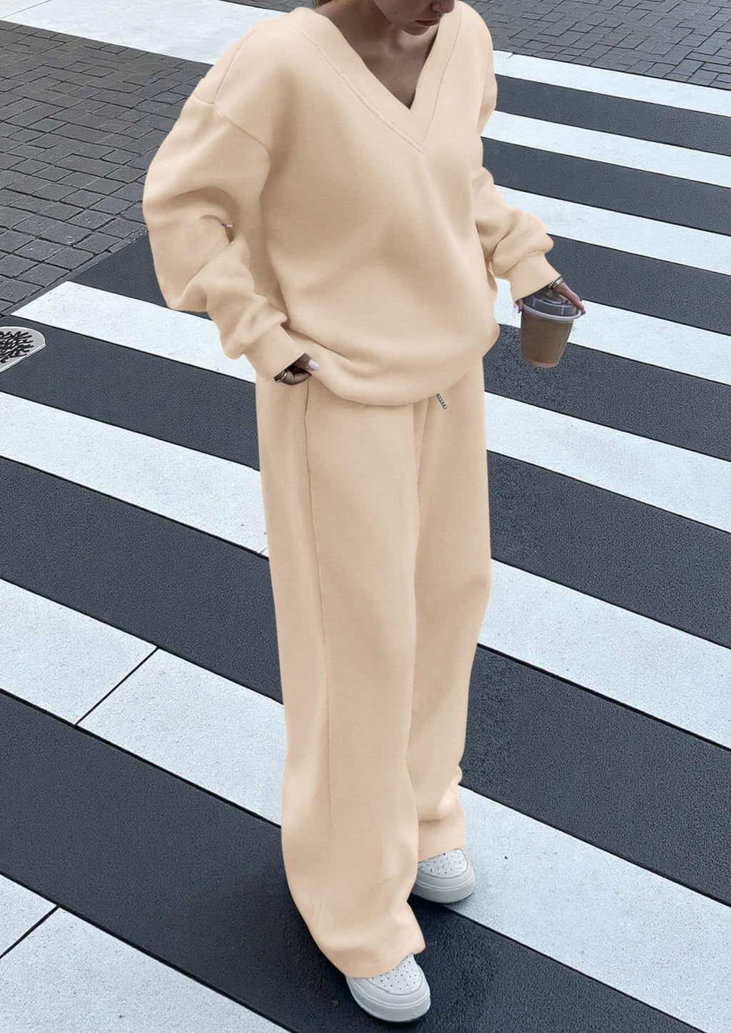 Casual Winter Two Piece Sets for Women V Neck Sweatshirt Loose Wide Leg Pants Tracksuit Knit Fall Outfits