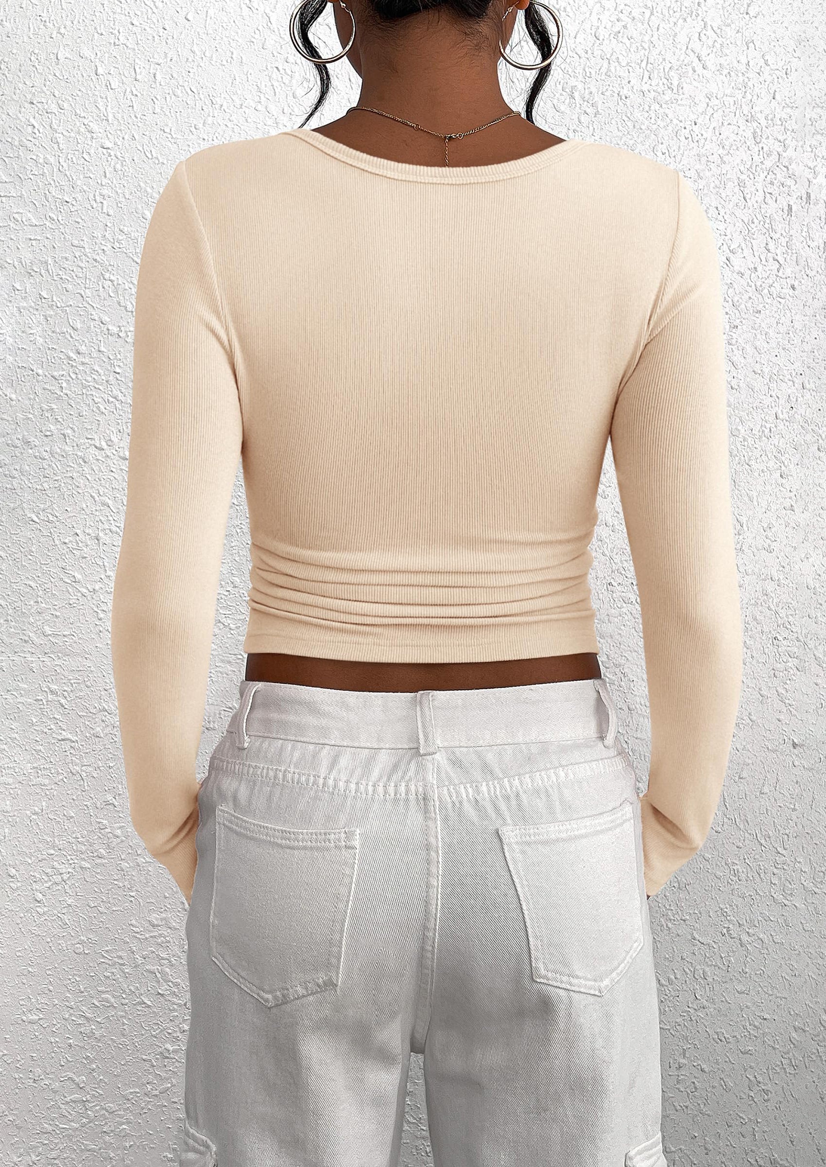 Women's Spring Fall Long Sleeve Henley T Shirts Button Ribbed Knit Slim Fit Casual Basic Tops Blouse