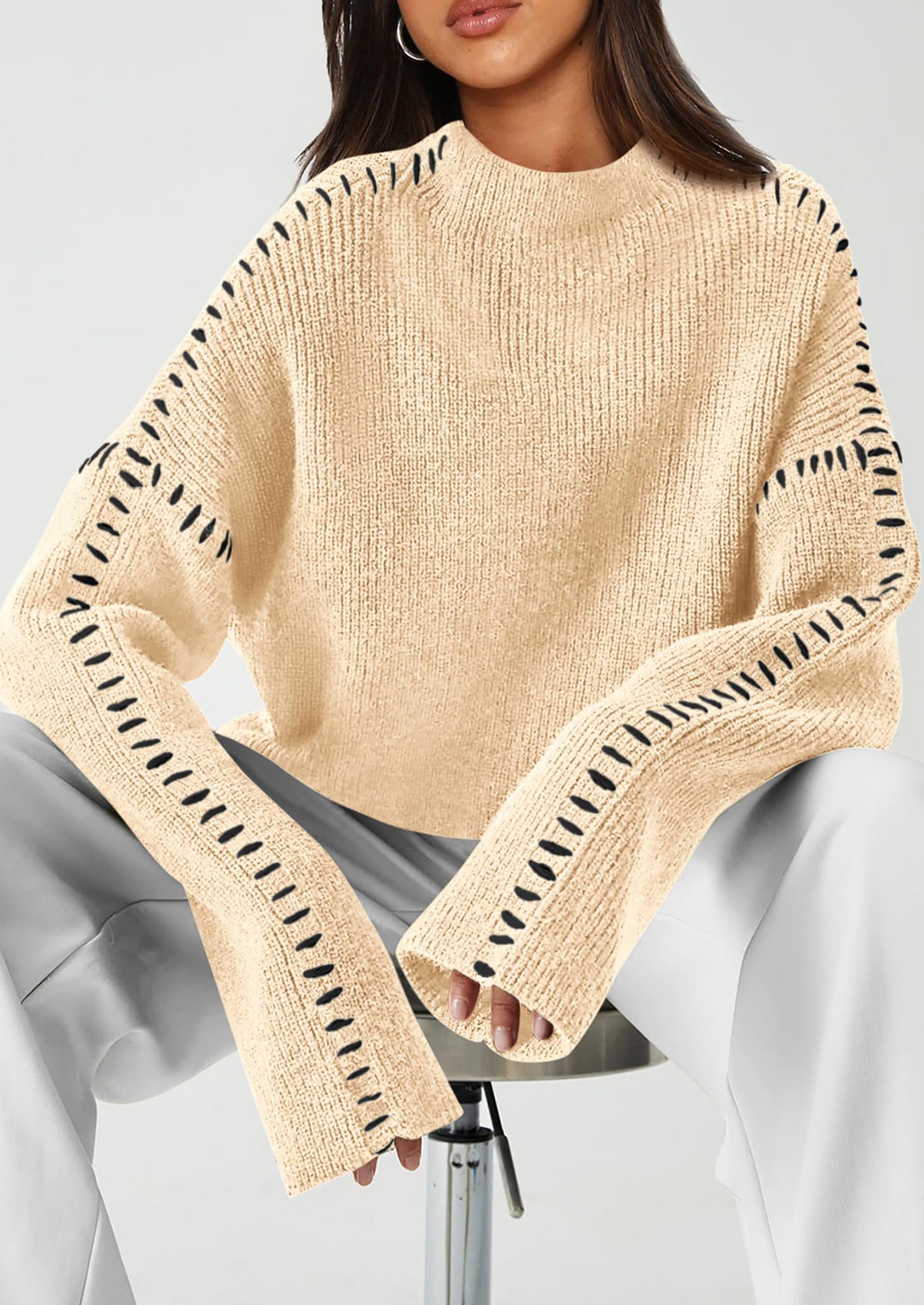 Women's Chunky Knit Sweaters Fall Long Sleeve Mock Neck Oversized Pullover Tops Winter Fashion Clothes