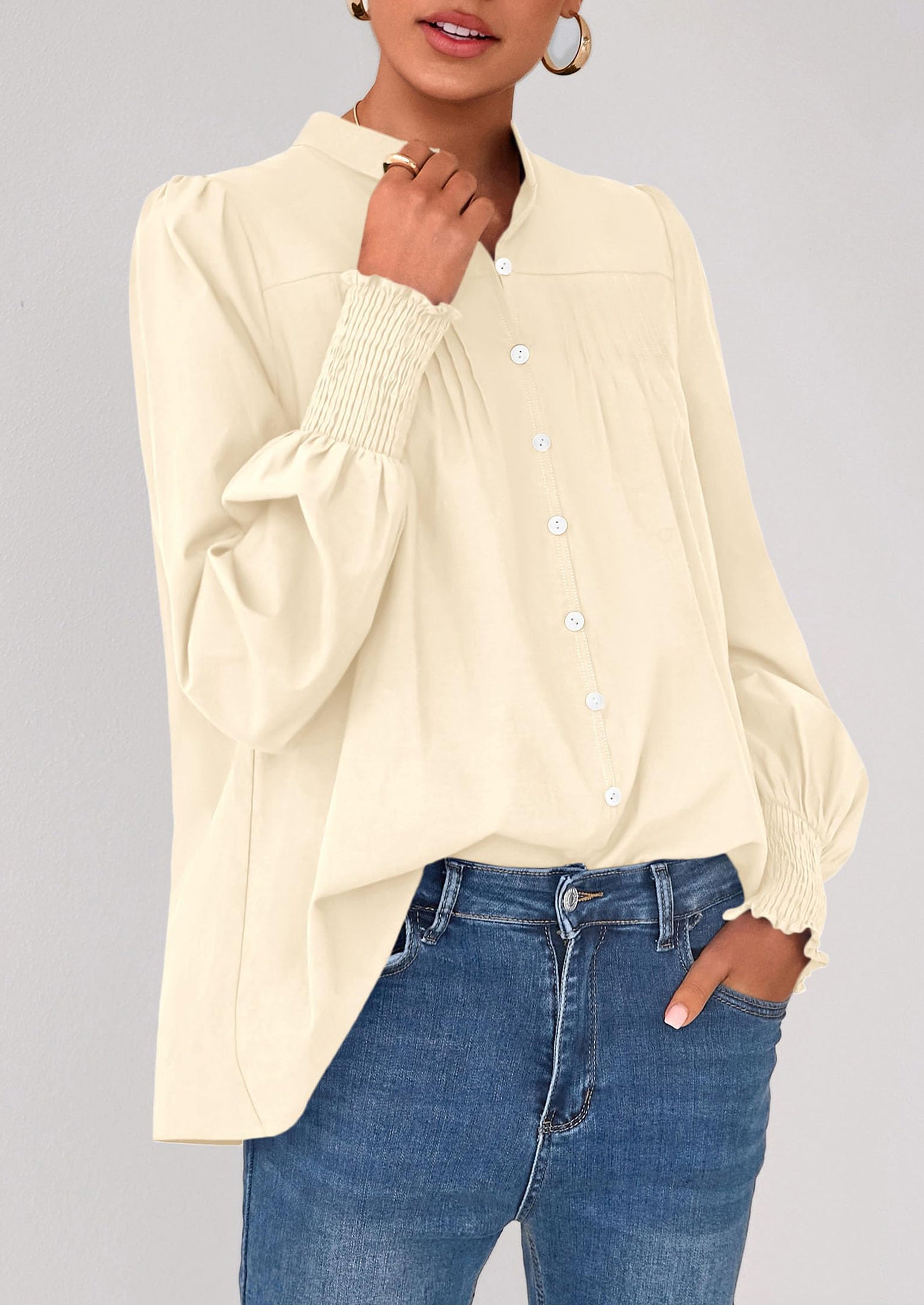 Womens Fall Lantern Long Sleeve Shirts Trendy Button V Neck Pleated Henley Tops Loose Work Blouses