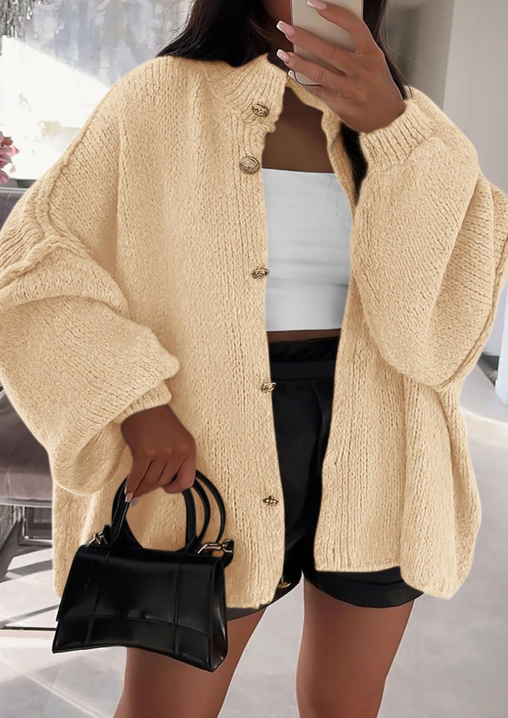 Women's Winter Button Down Cardigan Sweaters Mock Neck Lantern Long Sleeve Chunky Knit Jacket Trendy Outerwear