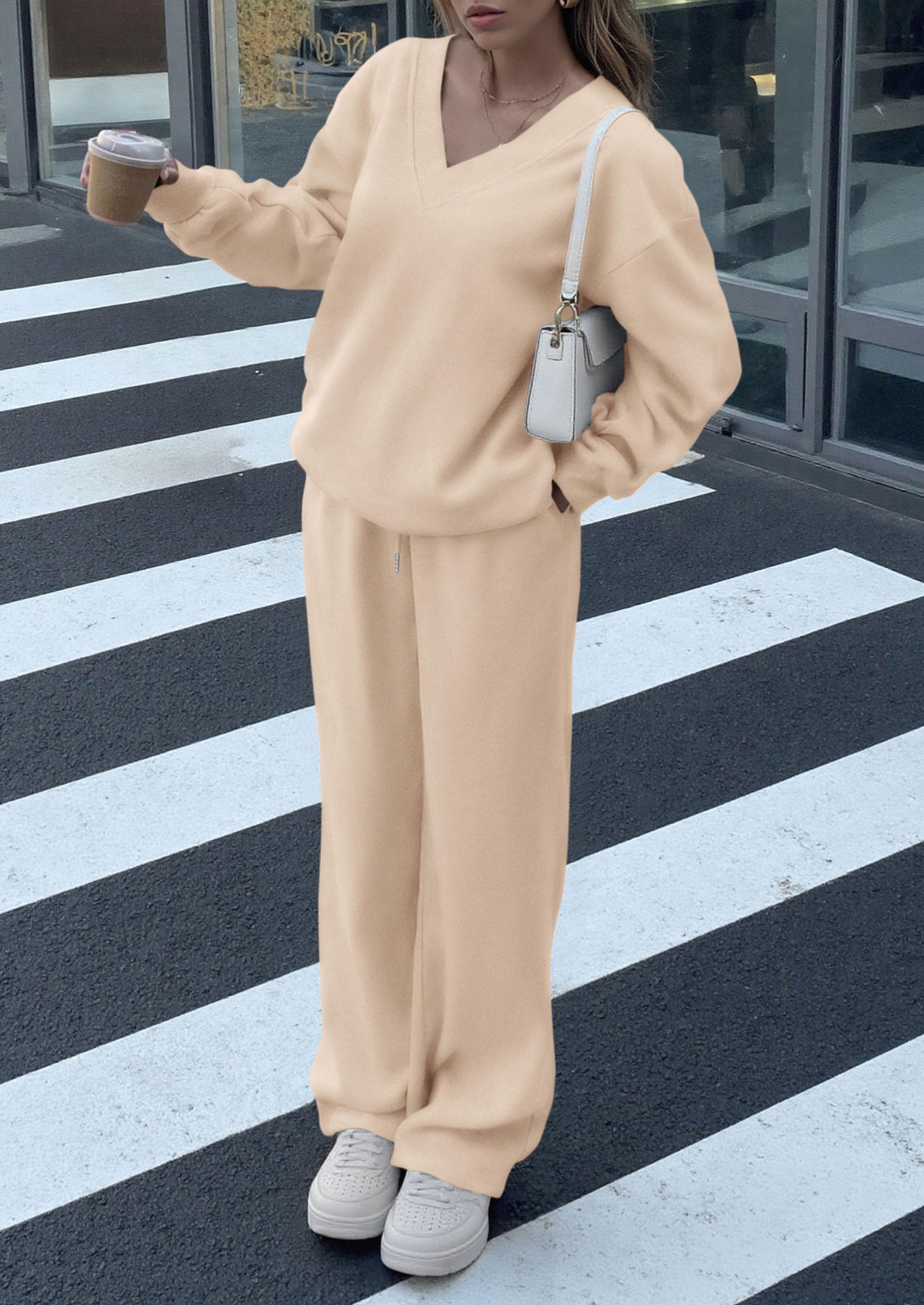 Casual Winter Two Piece Sets for Women V Neck Sweatshirt Loose Wide Leg Pants Tracksuit Knit Fall Outfits