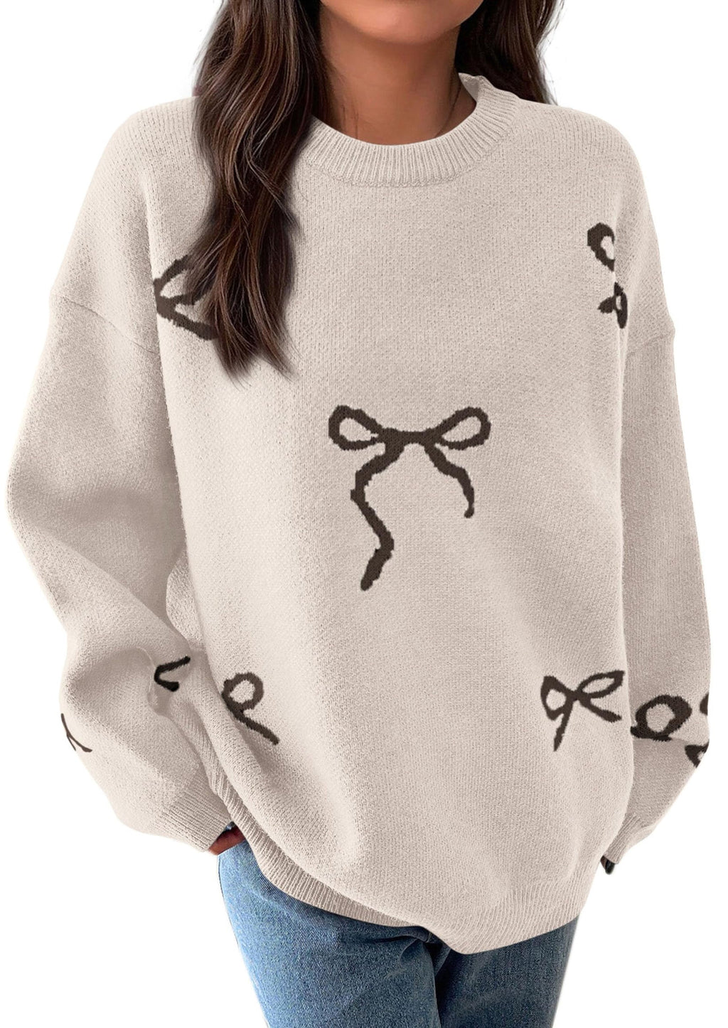 Fall Long Sleeve Pullover Sweaters for Women Trendy Crewneck Casual Cute Bow Chunky Knit Oversized Sweater