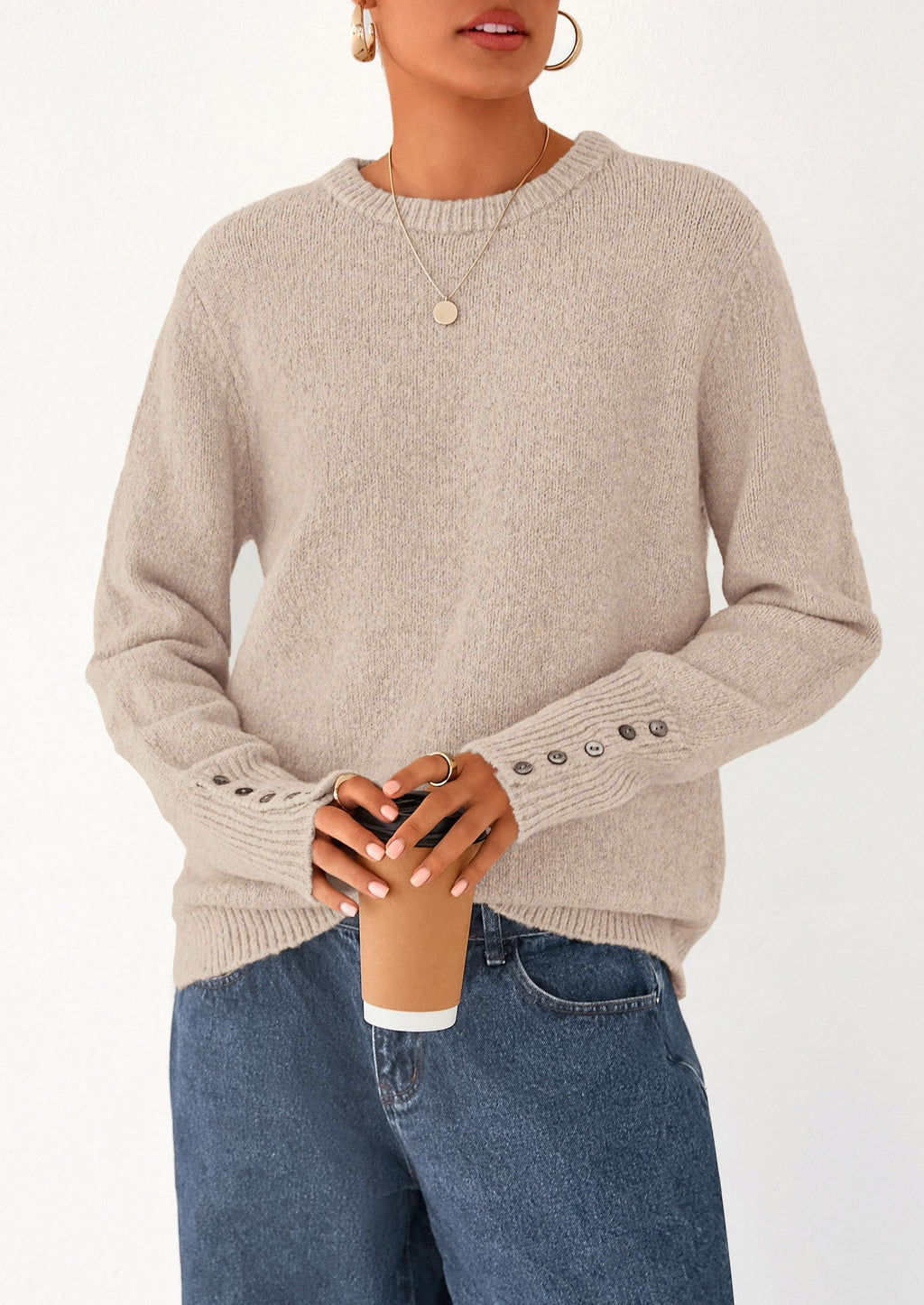 Womens Sweaters Fall Fashion Casual Crewneck Pullover Button Long Sleeve Cute Knit Tops Winter Clothes