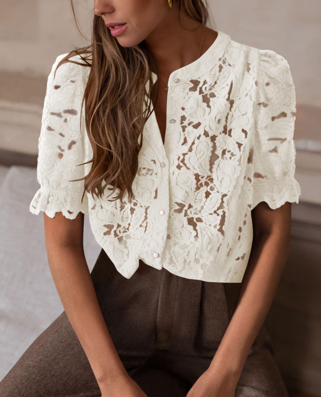 Womens Spring Lace Tops Short Puff Sleeve Casual Dressy Blouses Eyelet Crew Neck Button Down Shirts