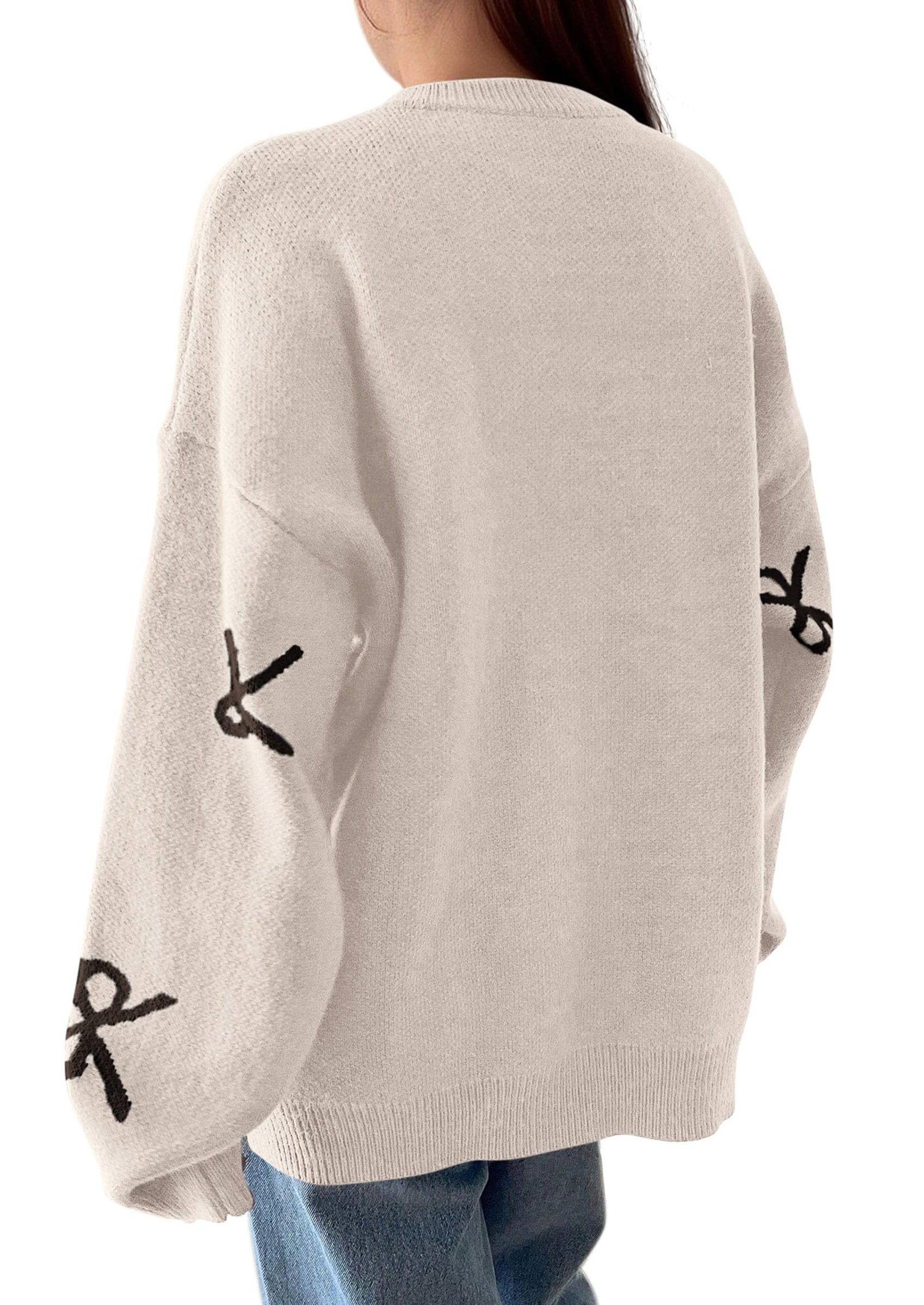 Fall Long Sleeve Pullover Sweaters for Women Trendy Crewneck Casual Cute Bow Chunky Knit Oversized Sweater